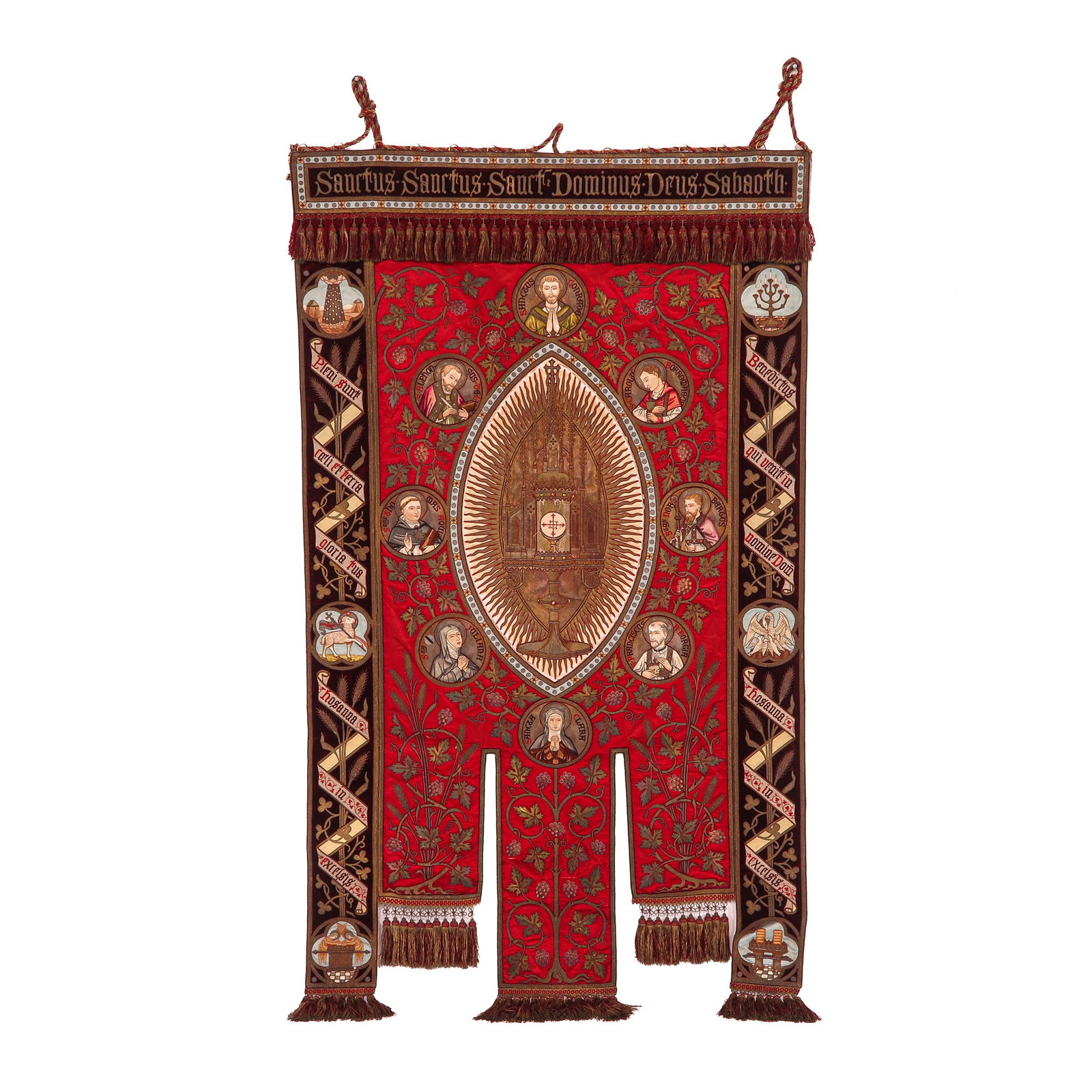A Processional Banner: of the Archiassociation de lAdoration Perpetuelle et des Eglises Pauvres, executed in silk with embroidered decoration, provided with a central coat of arms with chalice and host, dated 1848-1898,