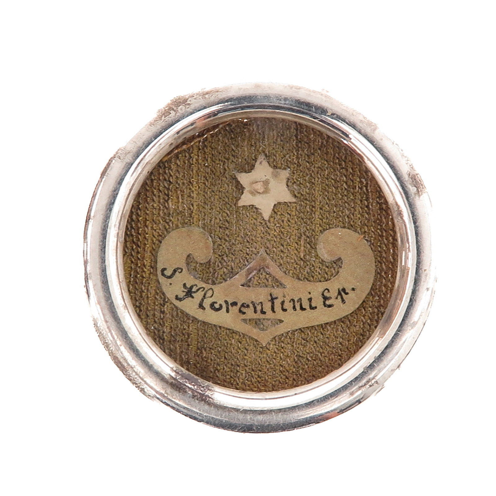A Sealed Theca: with relic of Saint Florentinus, bishop, venerated as an early Christian bishop and confessor of the faith, with certificate, you are purchasing the theca, the relic is a gift, diameter 4 cm.