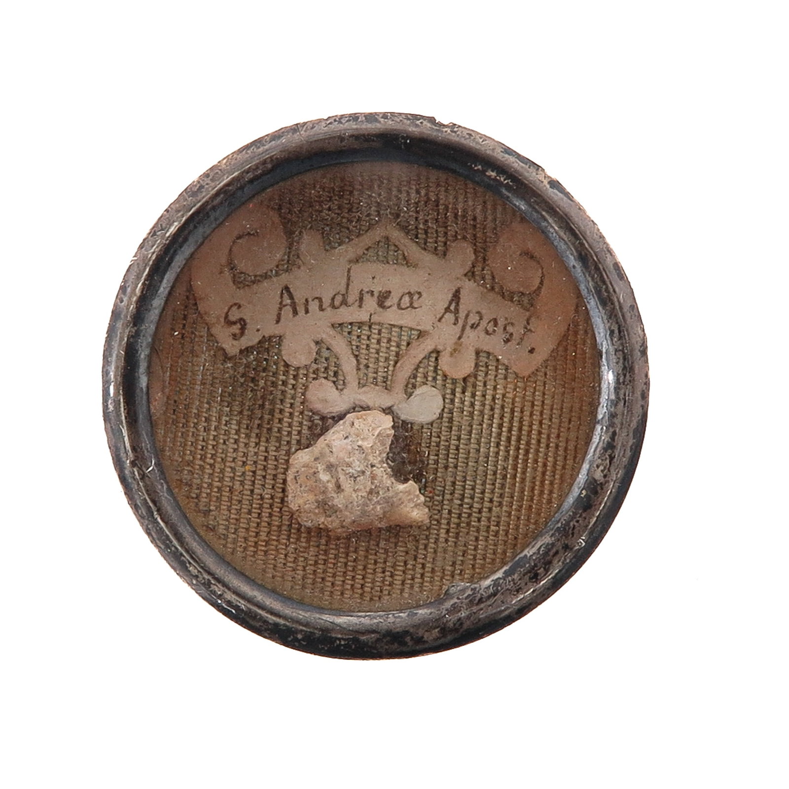 A Sealed Theca: containing relic of Saint Andrew the Apostle, patron of among others fishermen, you are purchasing the theca, the relic is a gift, diameter 4 cm.