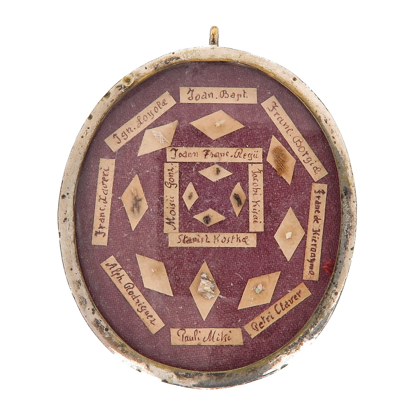 A Sealed Multi Theca: containing 12 relics, including Saint Ignatius of Loyola, Saint Francis Borgia and Saint John the Baptist, with certificate, you are purchasing the theca, the relics are a gift, 5 x 6 cm.