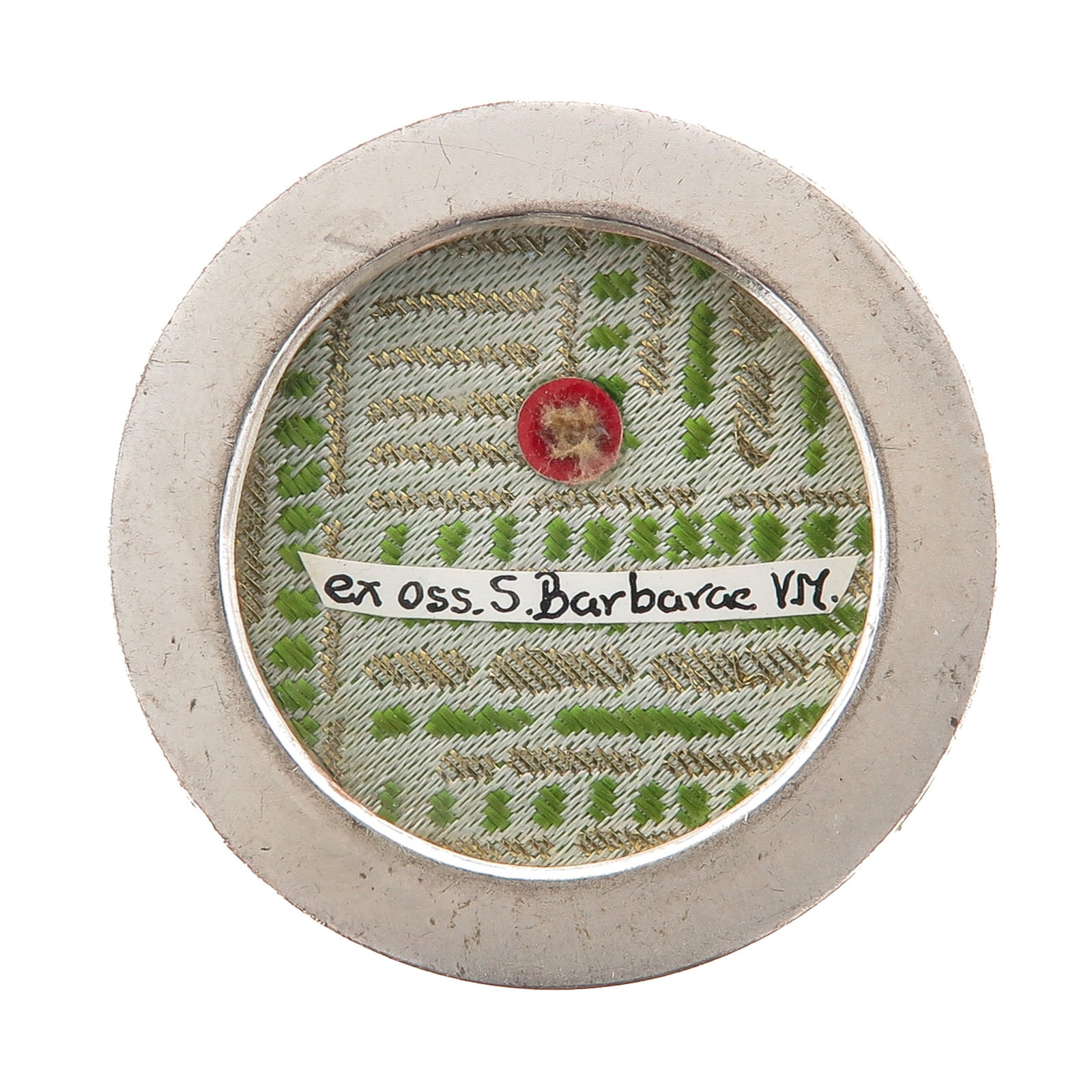 A Sealed Theca: containing relic of Saint Barbara, virgin and martyr, patron saint of among others miners and artillerymen, you are purchasing the theca, the relic is a gift, diameter 5 cm.