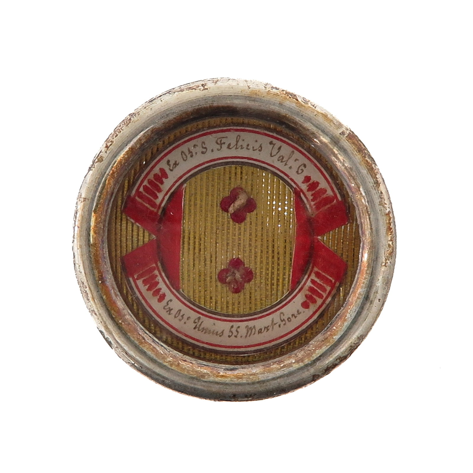 A Sealed Multi Theca: containing 2 relics, of Saint Felix of Valois, priest and co-founder of the Order of the Most Holy Trinity, and Saint Himius, martyr, you are purchasing the theca, the relics are a gift, diameter 4