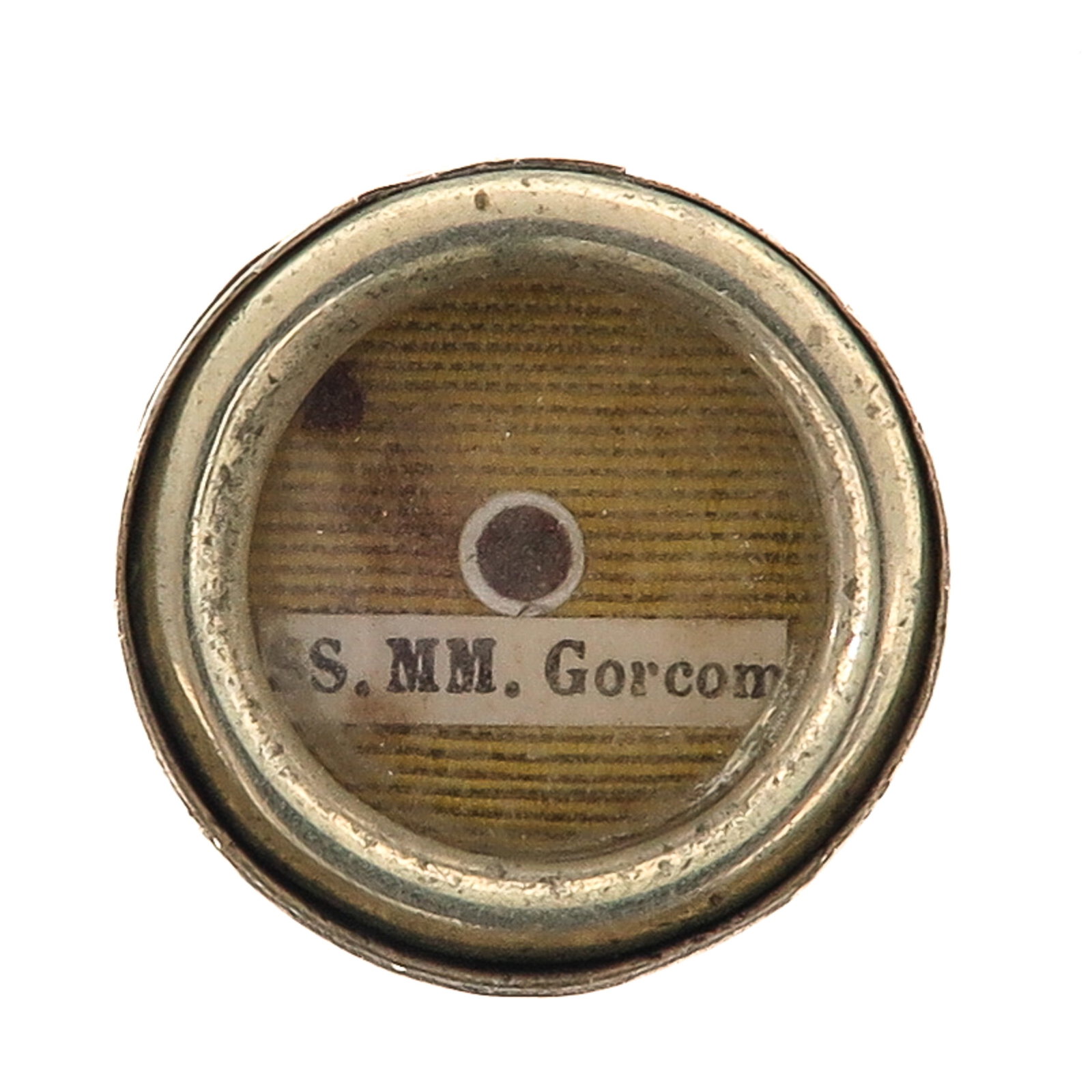 A Sealed Theca: containing relic of the Holy Martyrs of Gorkum, with certificate, you are purchasing the theca, the relic is a gift, diameter 3 cm.