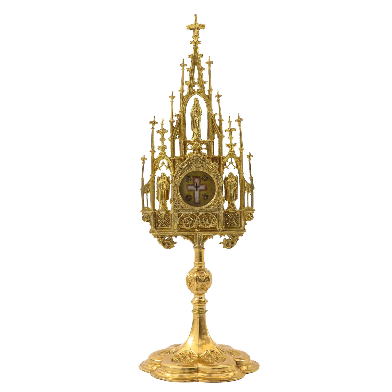 A Relic Stand: gilt brass, with theca containing relic of the Holy Cross, height 37 cm.