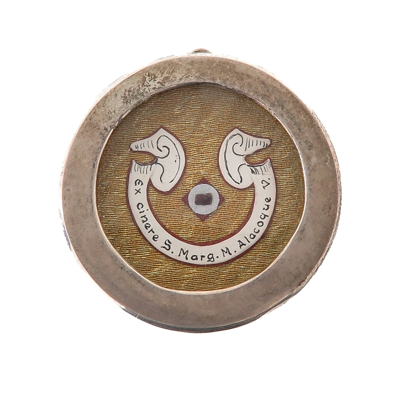 A Sealed Theca: containing relic from the ashes of Saint Margaret Mary Alacoque, Visitandine and mystic, known for her devotion to the Sacred Heart of Jesus, you are purchasing the theca, the relic is a gift, diamete