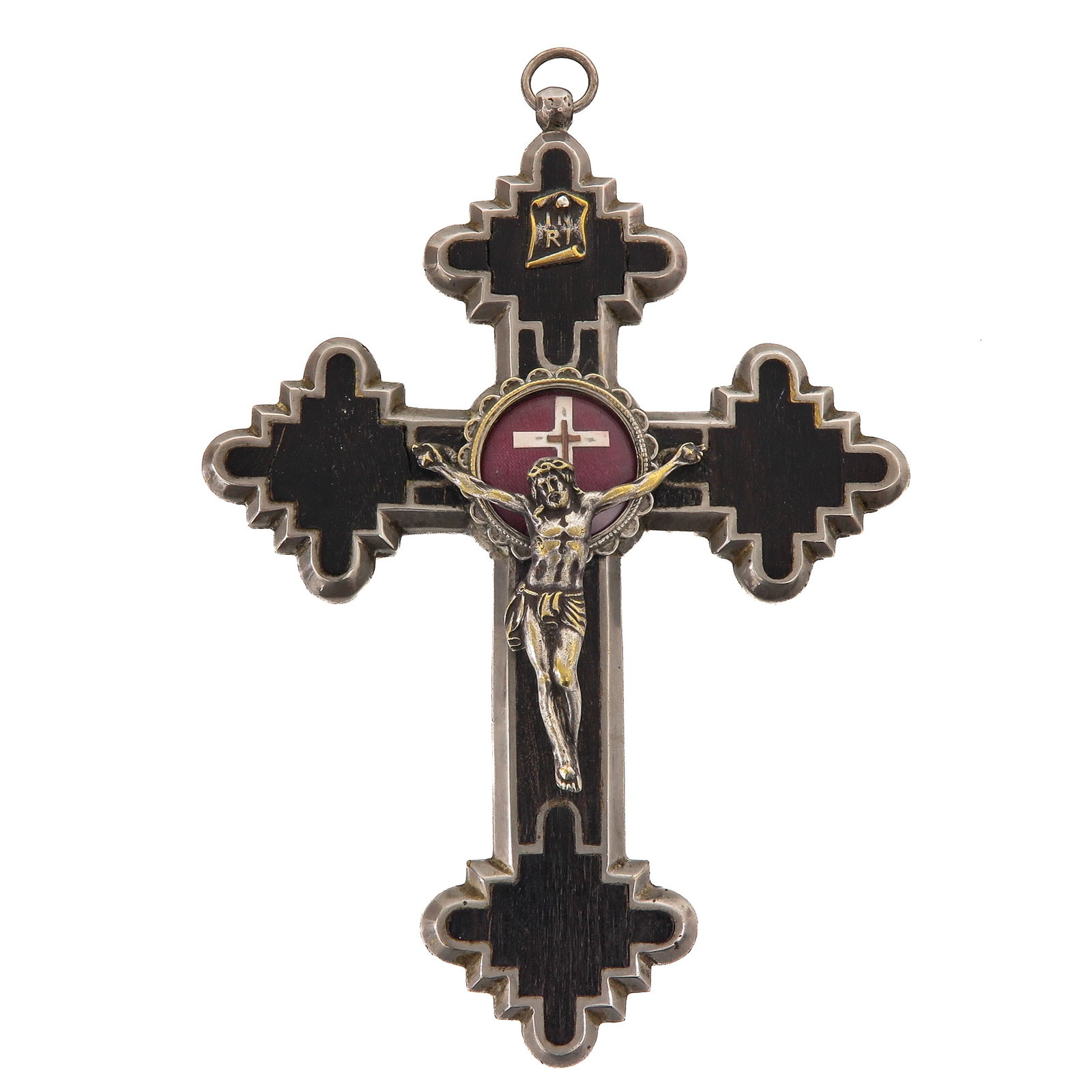 A Reliquary: cross-shaped, with a relic of the Holy Cross, provided with a corpus of Christ and a central theca, you are purchasing the theca, the relic is a gift, 10 x 14 cm.