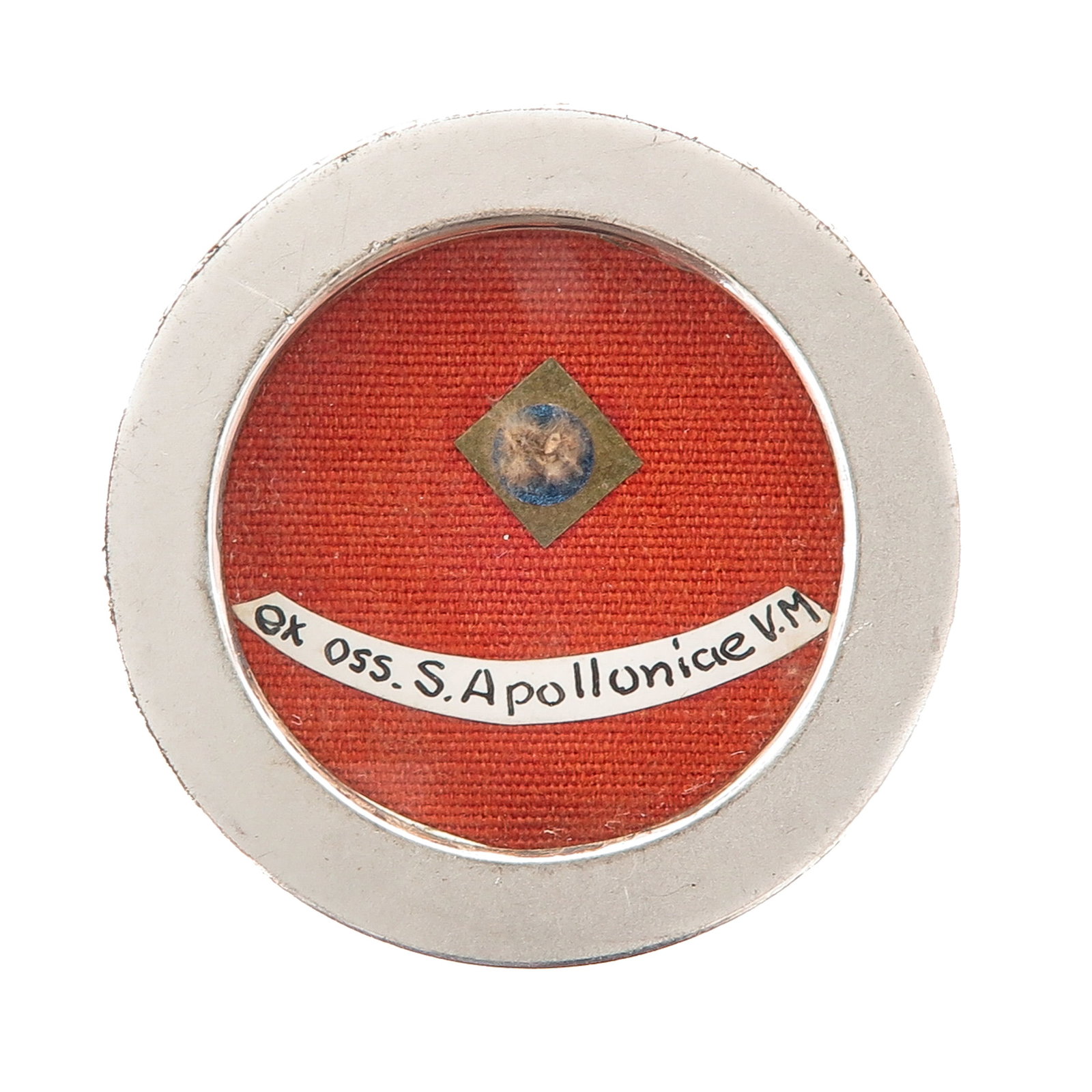 A Sealed Theca: containing relic of Saint Apollonia, virgin and martyr, patron saint of dentists and invoked against toothache, you are purchasing the theca, the relic is a gift, diameter 5 cm.