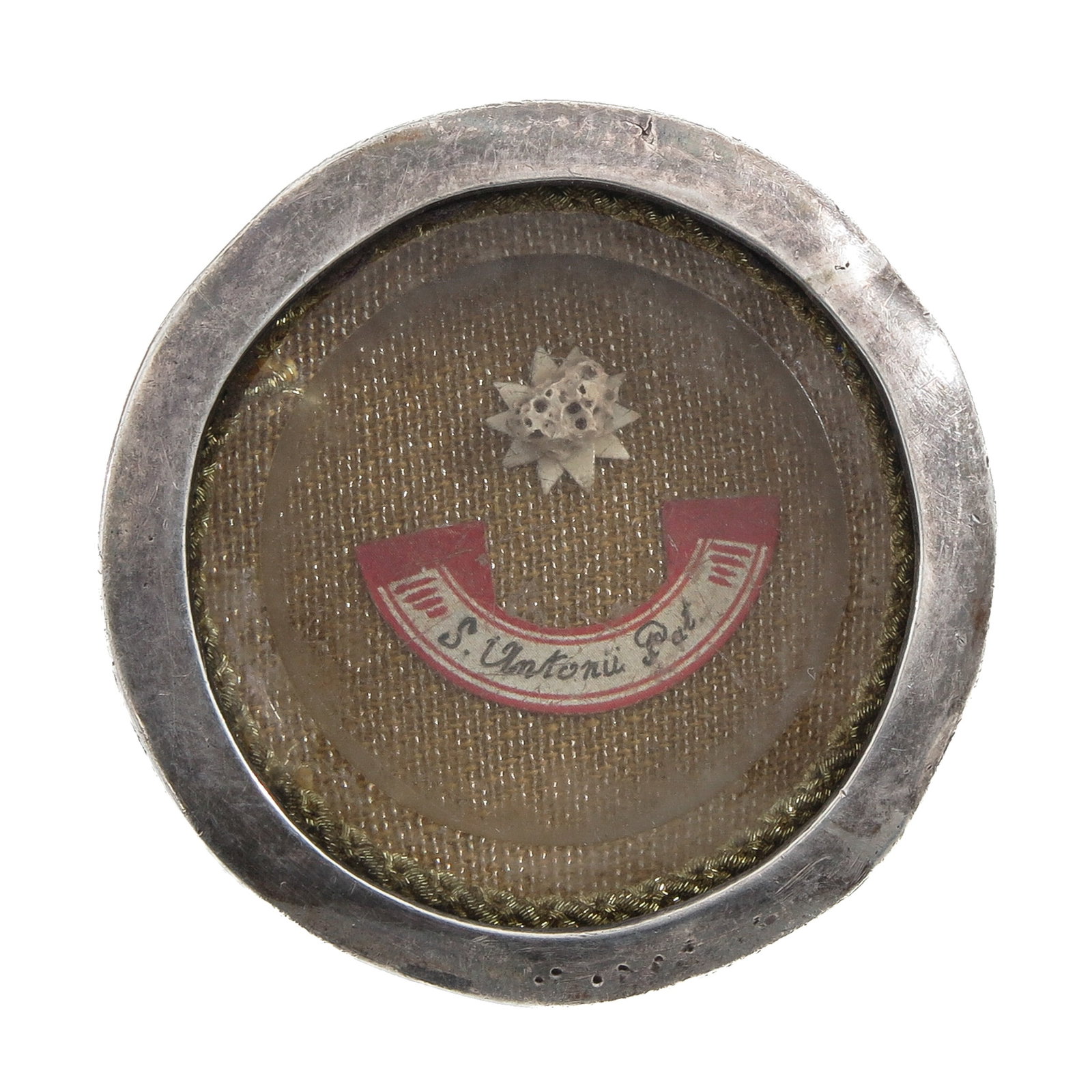 A Kiss Relic: with relic of Saint Anthony of Padua (1195-1231), Franciscan, Doctor of the Church and patron saint of lost objects, with certificate, you are purchasing the theca, the relic is a gift, diameter 6 cm.