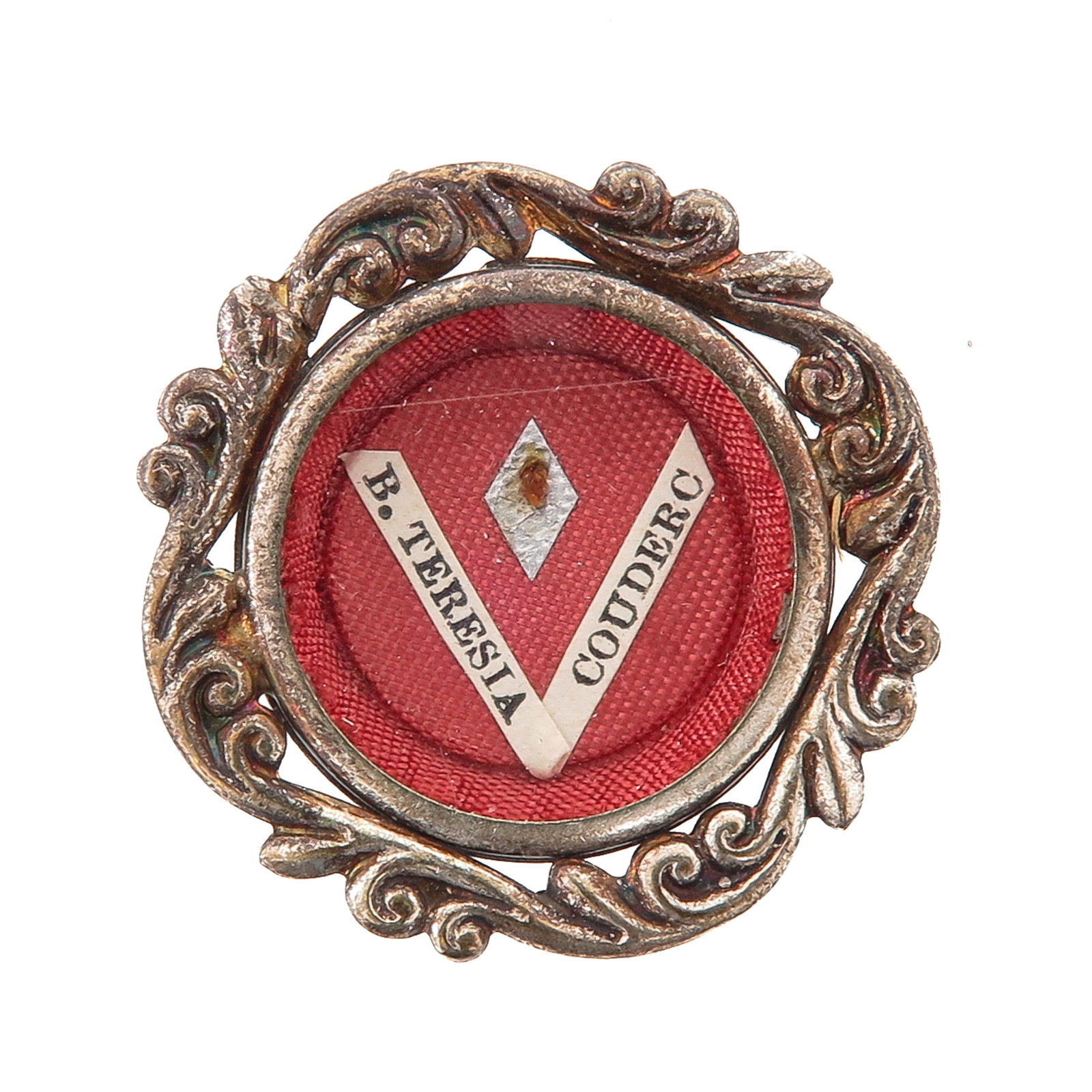 A Sealed Theca: containing relic of Blessed Therese Couderc, religious and co-foundress of the Congregation of Our Lady of the Cenacle, with certificate, you are purchasing the theca, the relic is a gift, diameter 3