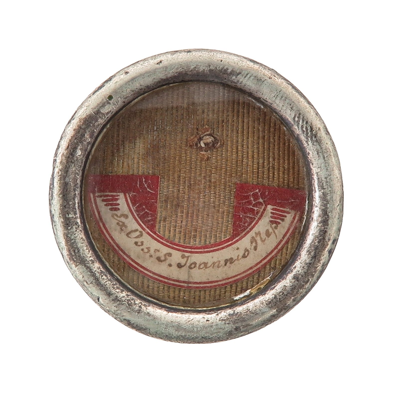 A Sealed Theca: containing relic of Saint John of Nepomuk, priest and martyr, patron of confessors and patron saint against slander, you are purchasing the theca, the relic is a gift, diameter 4 cm.