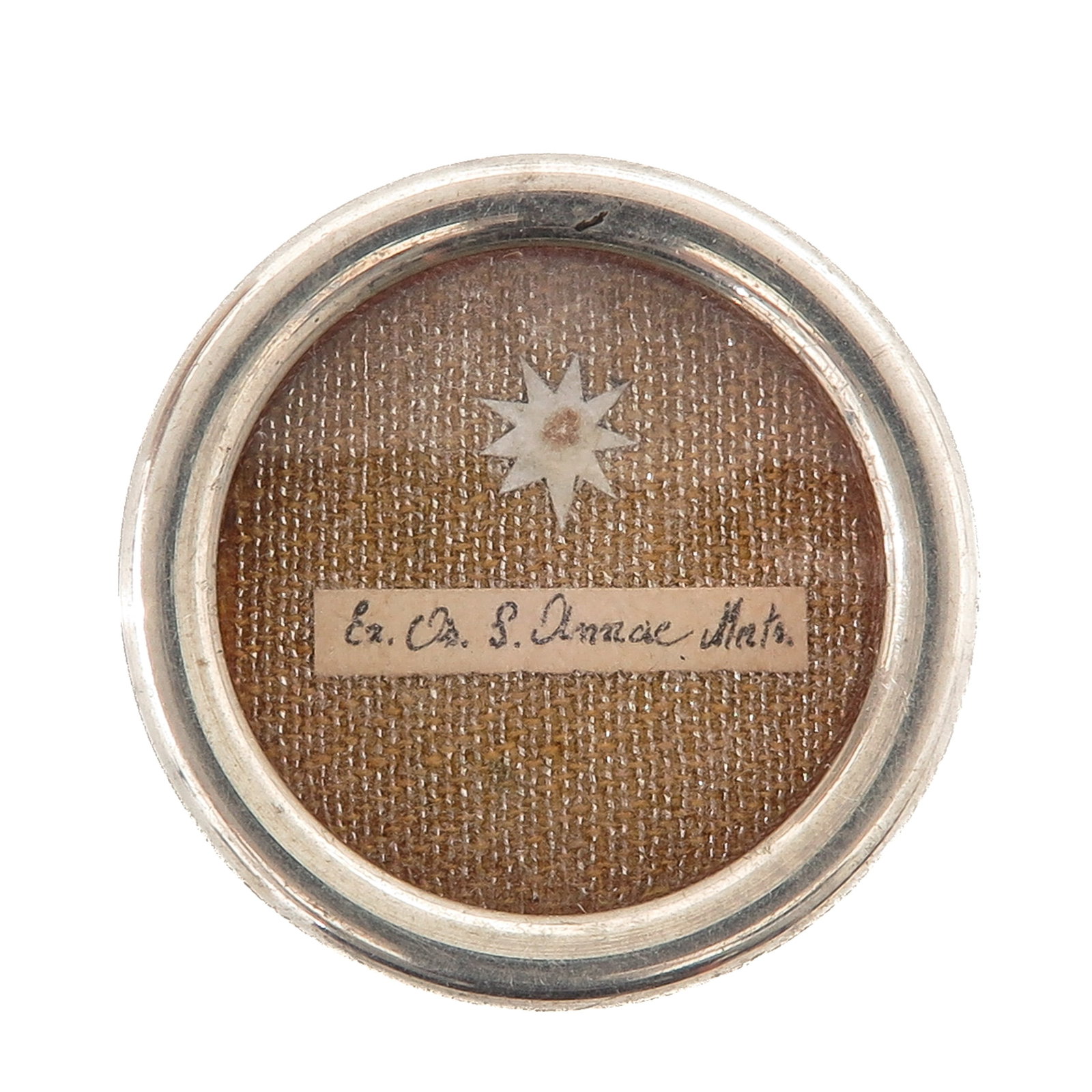 A Sealed Theca: with relic of Saint Anne, mother of the Blessed Virgin Mary (Ex Ossibus S. Annae Matris), with certificate, you are purchasing the theca, the relic is a gift, diameter 4 cm.