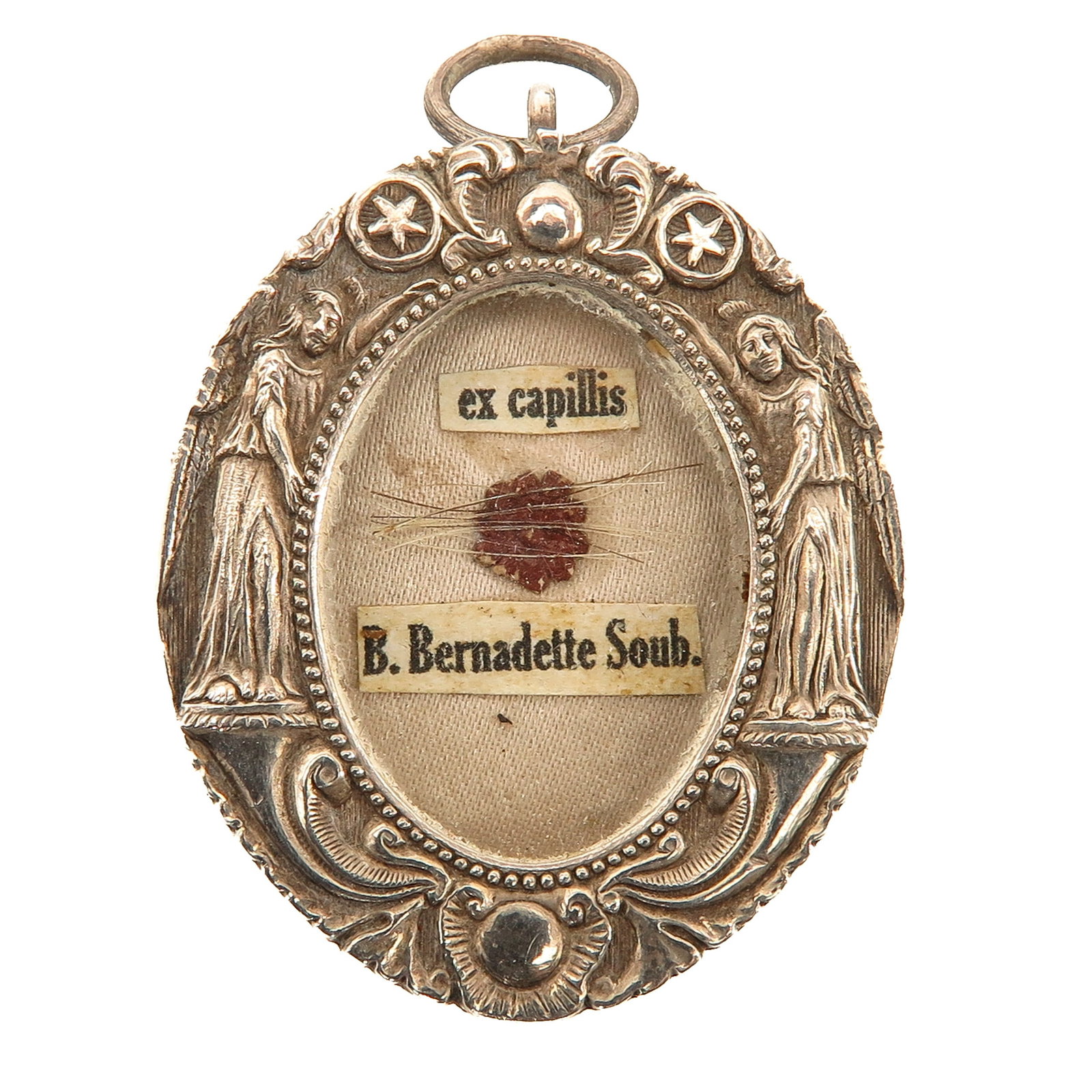 A Sealed Theca: silver, with hair relic (ex capillis) of Blessed Bernadette Soubirous, visionary of Lourdes, to whom the Blessed Virgin Mary appeared in 1858, patron saint of the sick and venerated worldwide because
