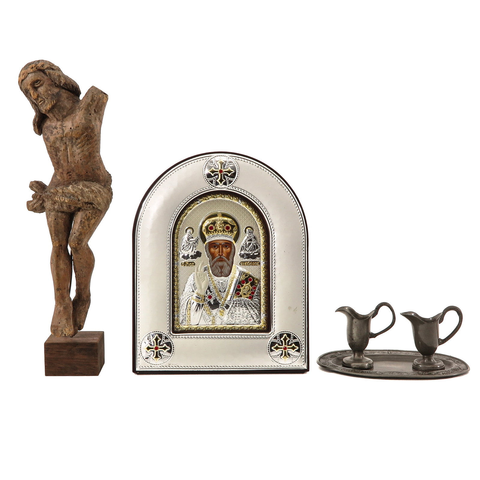 A Diverse Collection of Religious Items: consisting of an icon, a sculpture of Christ and a Mass set, height sculpture 35 cm.