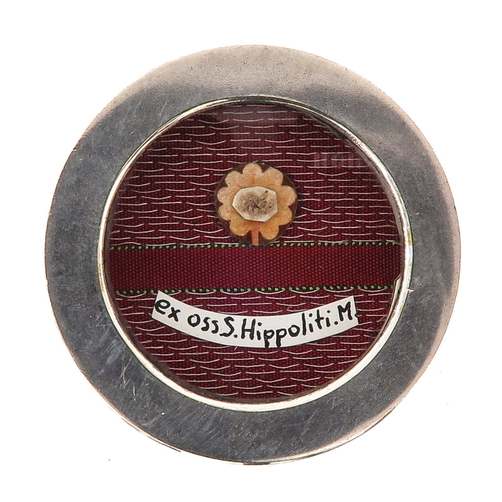 A Sealed Theca: containing relic of Saint Hippolytus of Rome, priest and martyr, patron of prison guards and horses, you are purchasing the theca, the relics are a gift, diameter 5 cm.