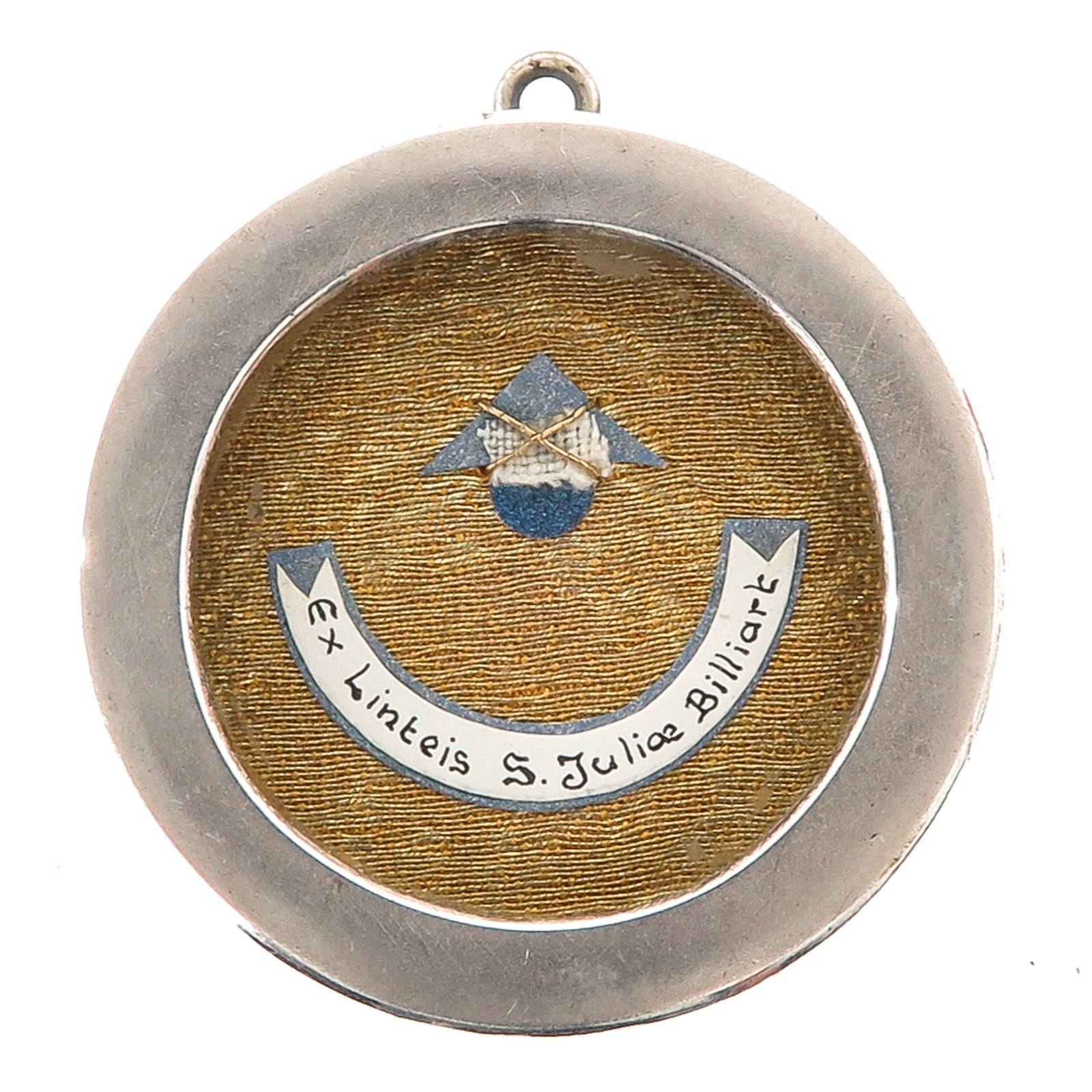 A Sealed Theca: containing relic of Saint Julie Billiart, foundress of the Congregation of the Sisters of Notre Dame de Namur, you are purchasing the theca, the relics are a gift, diameter 5 cm.