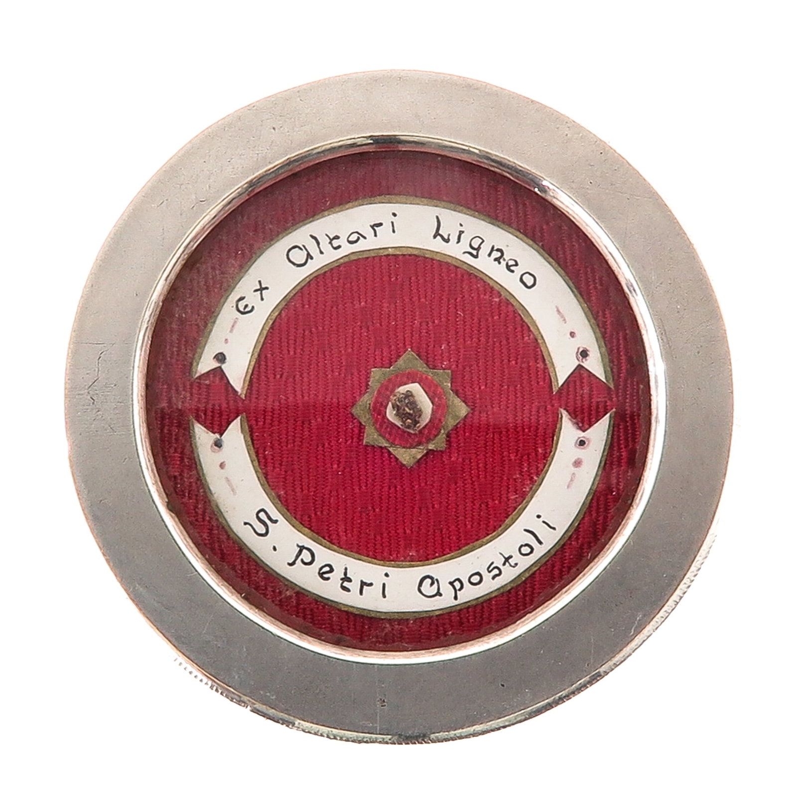 A Sealed Theca: containing relic of Saint Peter the Apostle, apostle and first pope, patron of fishermen, locksmiths and watchmakers, you are purchasing the theca, the relics are a gift, diameter 5 cm.