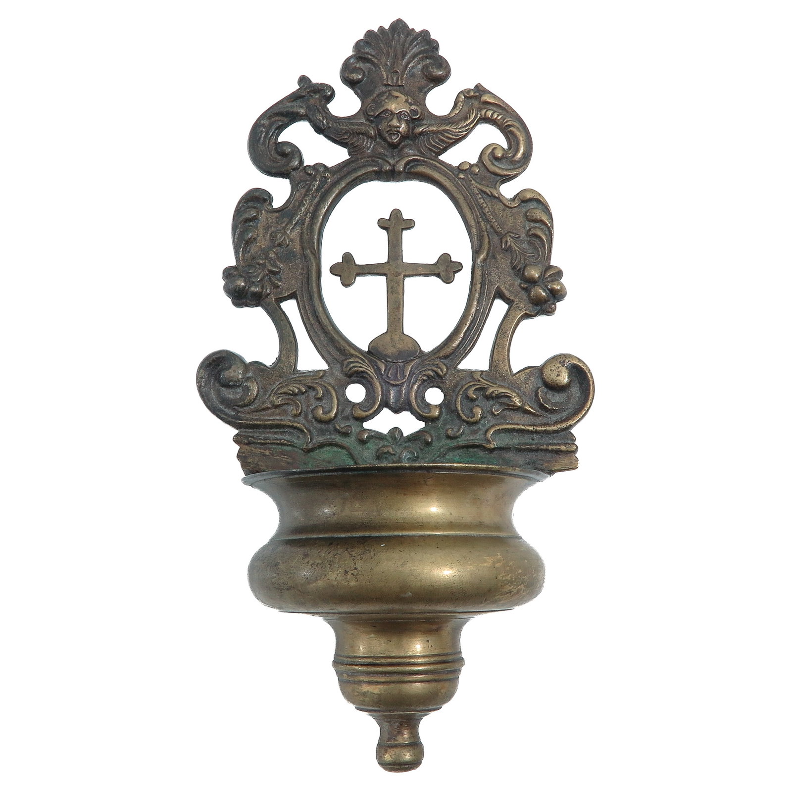 A Holy Water Font: bronze, decorated with cross and angel head, 17th century, length 23 cm.