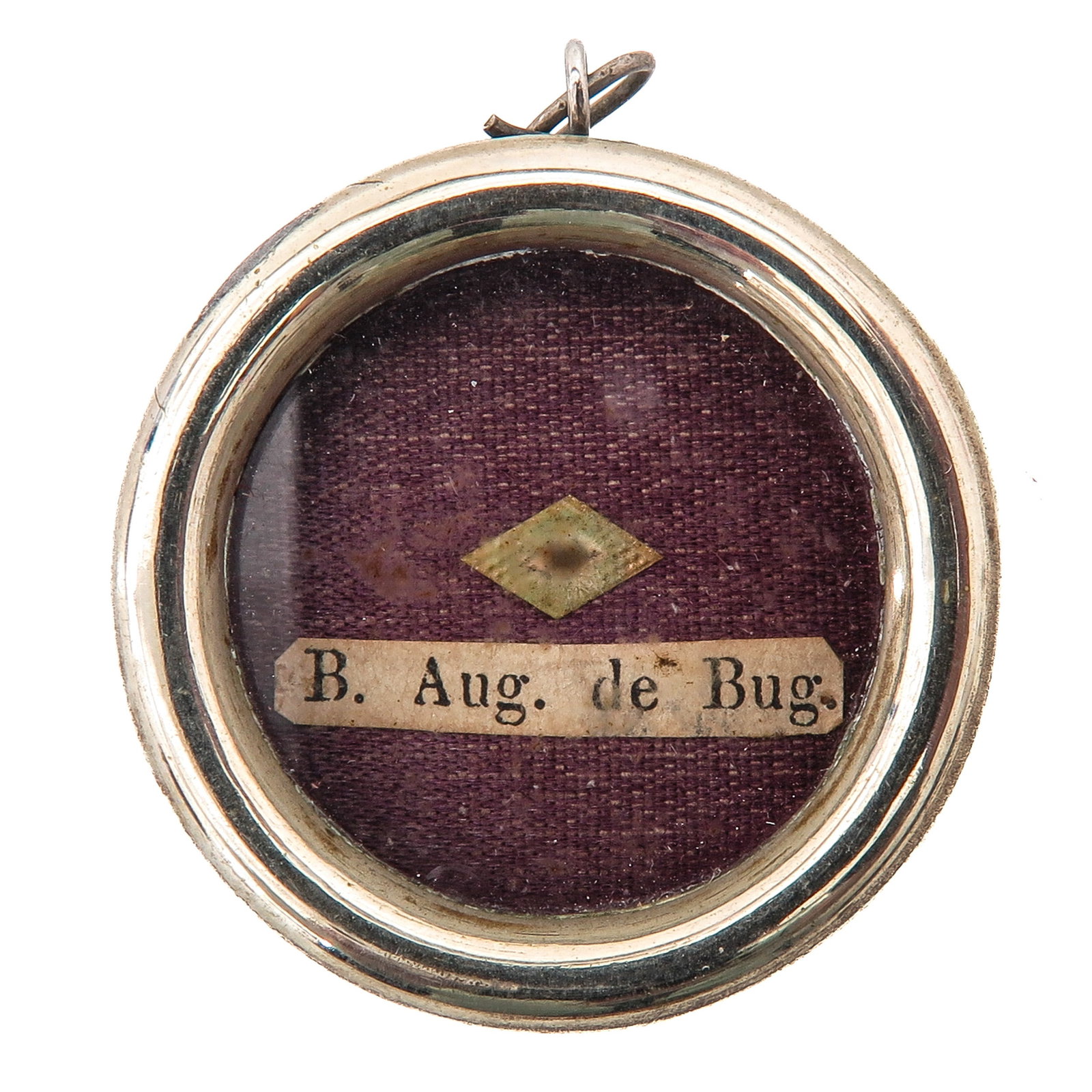 A Sealed Theca: of B. Aug. de Bug., containing a relic of a blessed named Augustine, you are purchasing the theca, the relic is a gift, diameter 4 cm.