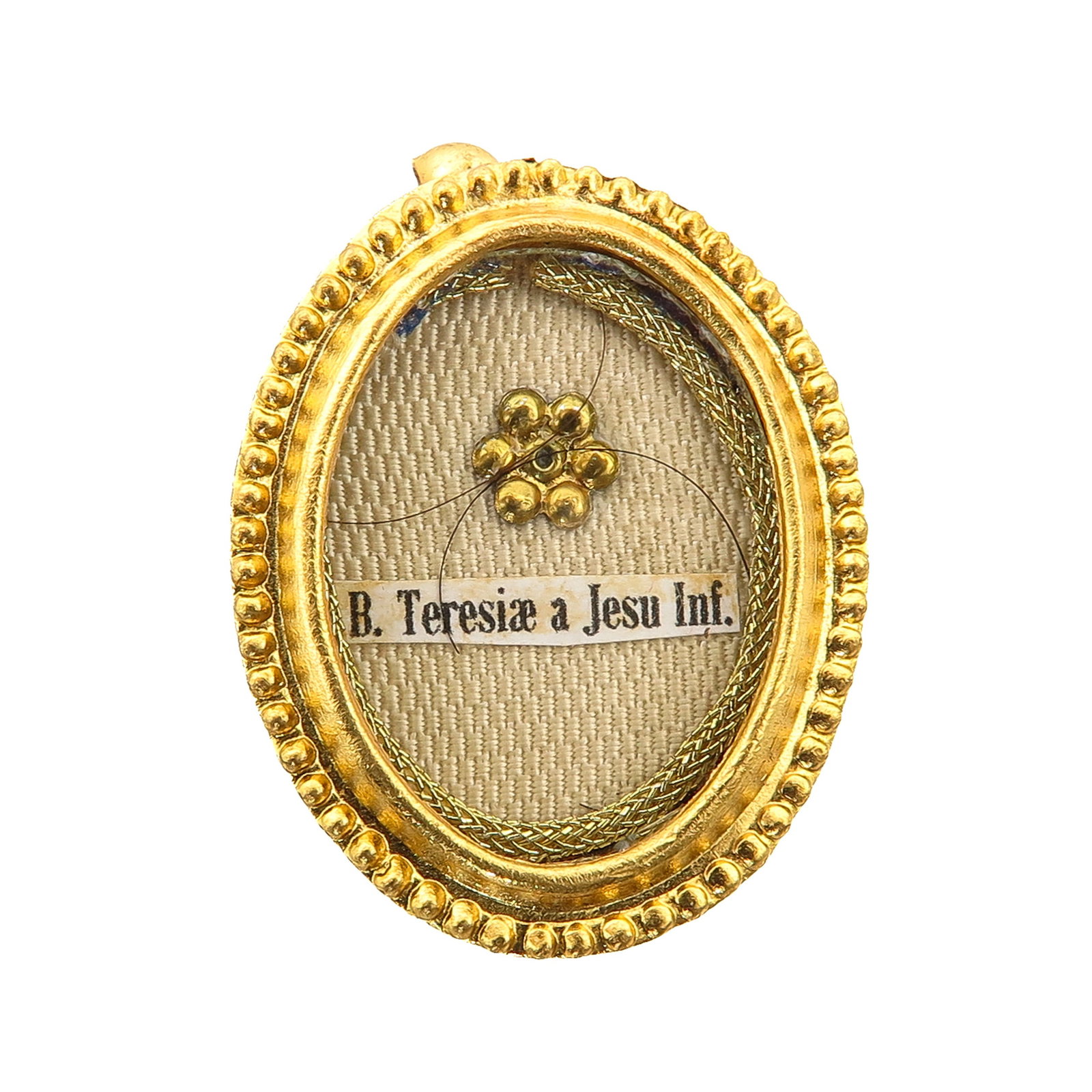 A Sealed Theca: with relic of Blessed Therese of the Child Jesus, Carmelite, Doctor of the Church and patron saint of the missions, known for her little way of simplicity, love and trust in God, you are purchasing