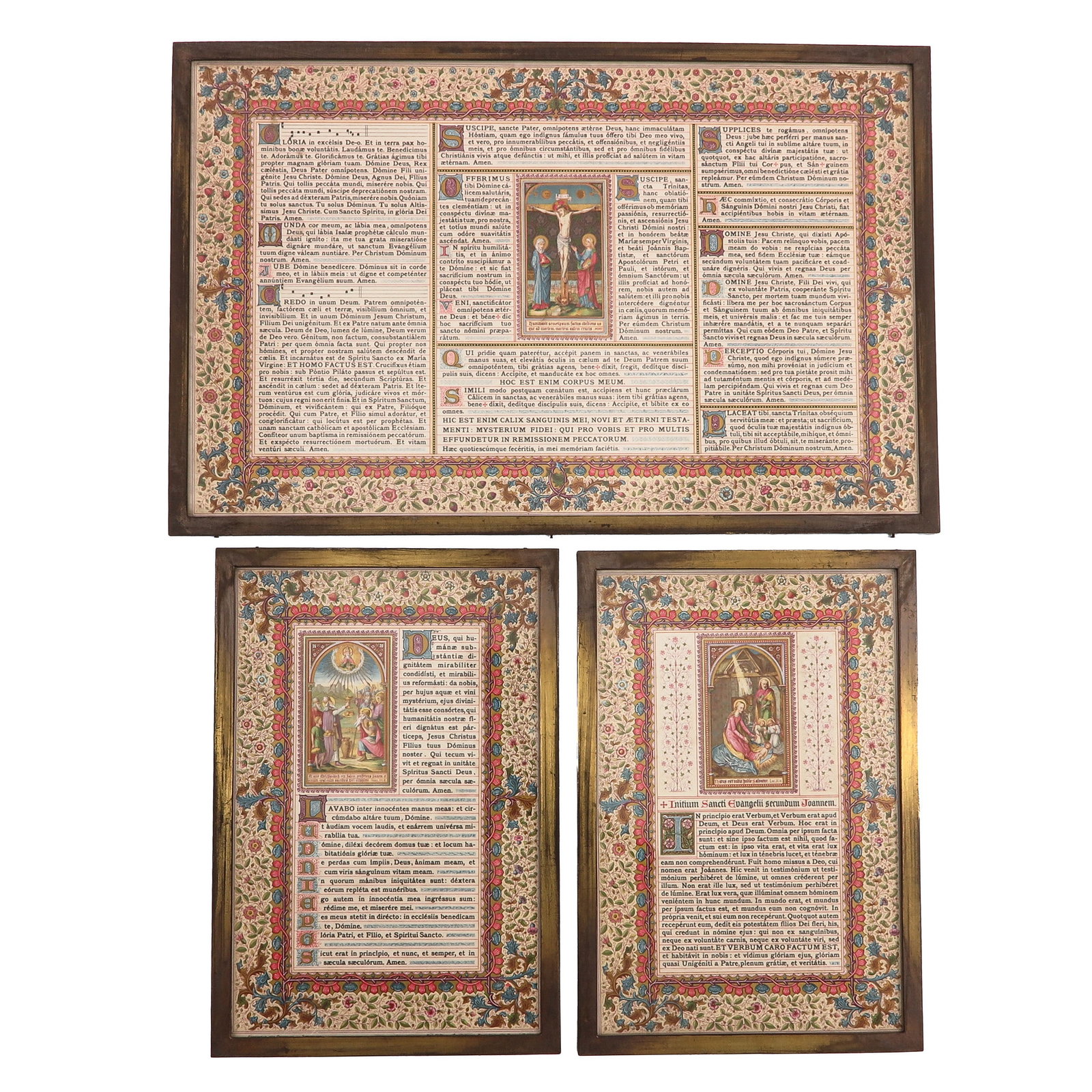 A Set of Altar Cards: of 3 framed altar cards (Canon Missae), with rich floral decoration, Latin liturgical texts from the Roman Missal