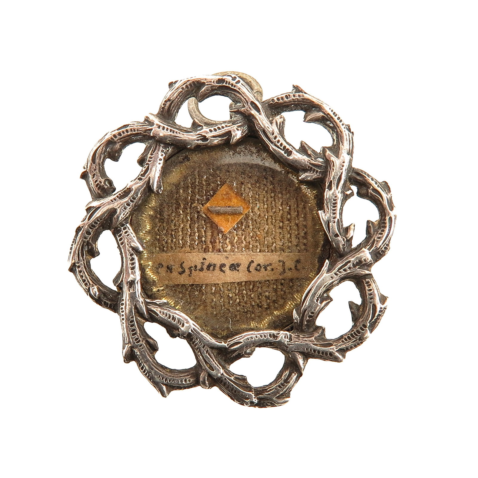 A Sealed Theca: in the form of a crown of thorns, with relic ex Spinae Coronae J.C. (of the Crown of Thorns of Jesus Christ), you are purchasing the theca, the relic is a gift, diameter 3 cm.