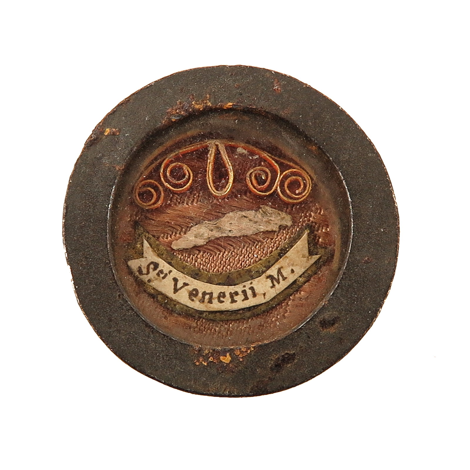 A Sealed Theca: containing relic of Saint Venerius, martyr, patron saint of lighthouse keepers and the Gulf of La Spezia, you are purchasing the theca, the relic is a gift, diameter 3 cm.