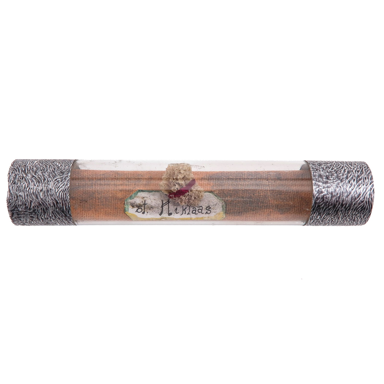 A Tube Relic: with relic of Saint Nicholas, bishop of Myra, patron saint of children, sailors, merchants and travellers, you are purchasing the theca, the relic is a gift, length 13 cm.