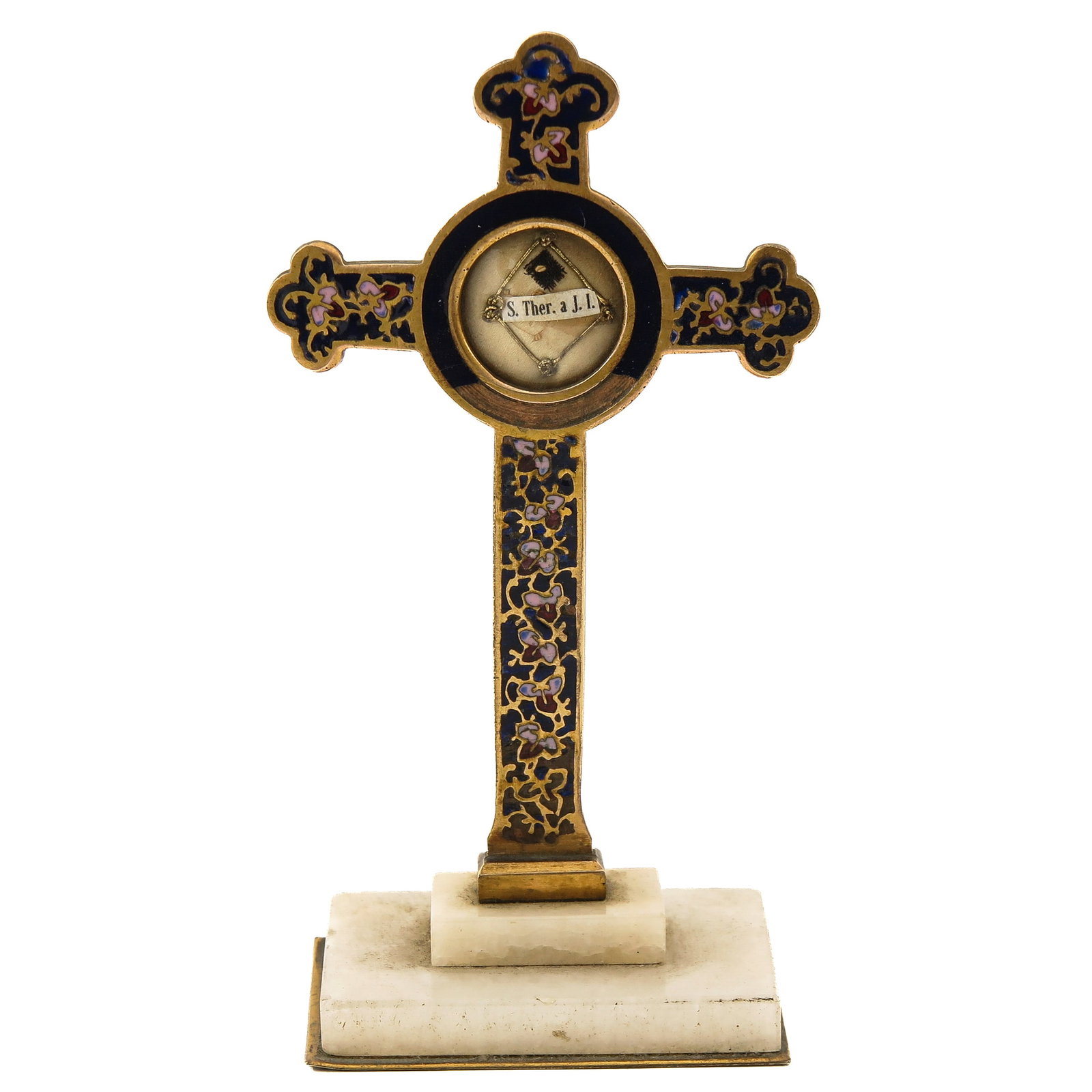 A Relic Stand: of cloisonne on a marble foot, containing theca of Saint Therese of the Child Jesus (1873-1897), also known as Saint Therese of Lisieux, French Carmelite, and patron saint of missionaries, florists,