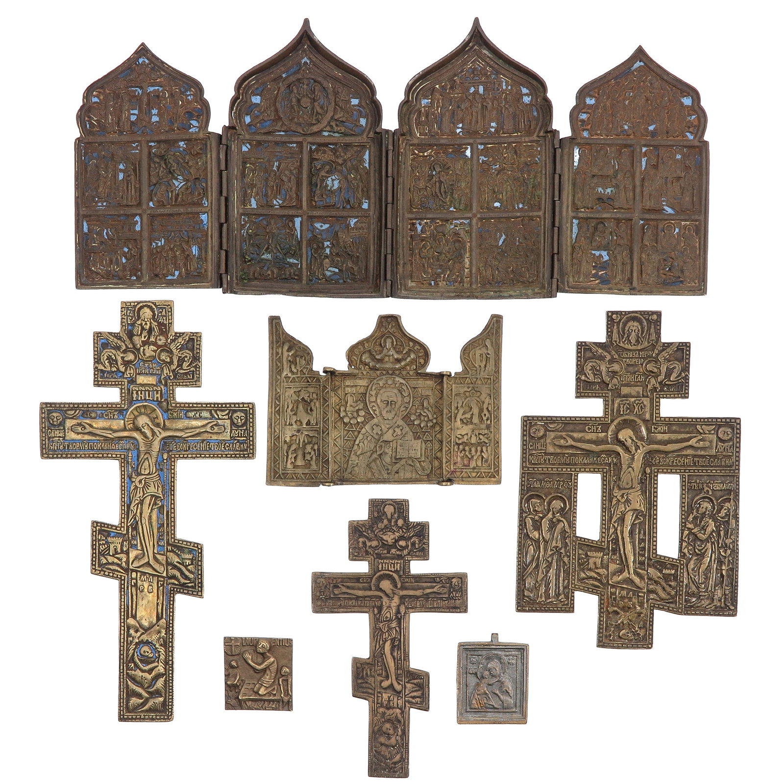 A Group of Bronze Travelling Icons: consisting of a collection of Russian bronze travelling icons, largest 41 x 18 cm.