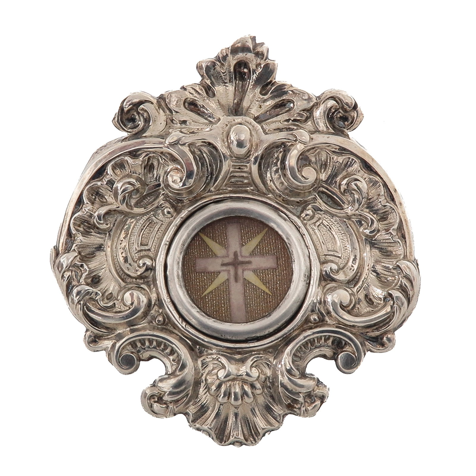 A Kiss Relic: in richly decorated silver holder, with relic of the Holy Cross, you are purchasing the theca, the relic is a gift, 9 x 11 cm.