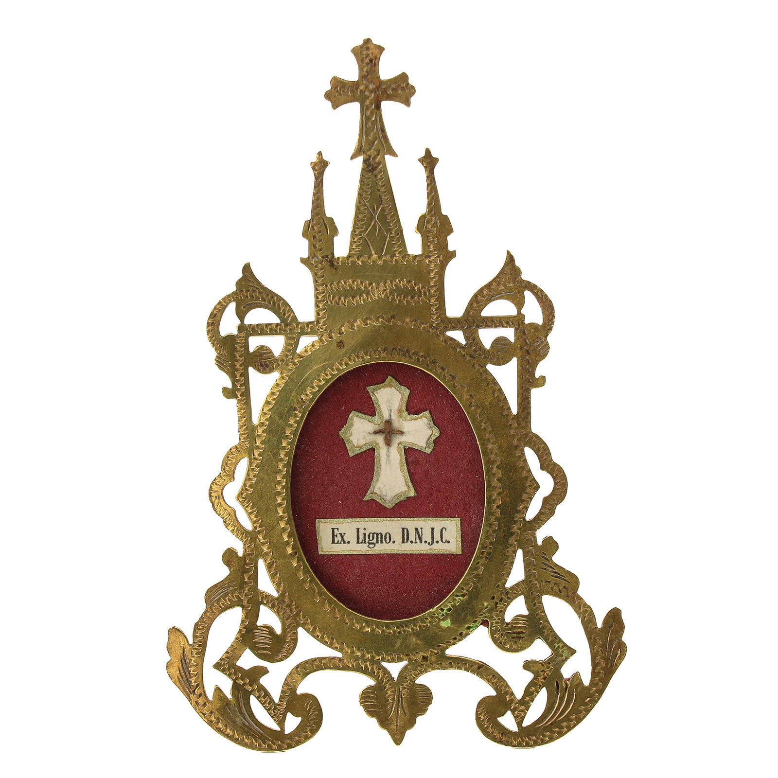A Relic Stand: of gilt brass, executed as Gothic architectural ornament, with relic of the Holy Cross, you are purchasing the reliquary, the relic is a gift, dimensions 8 x 12 cm.