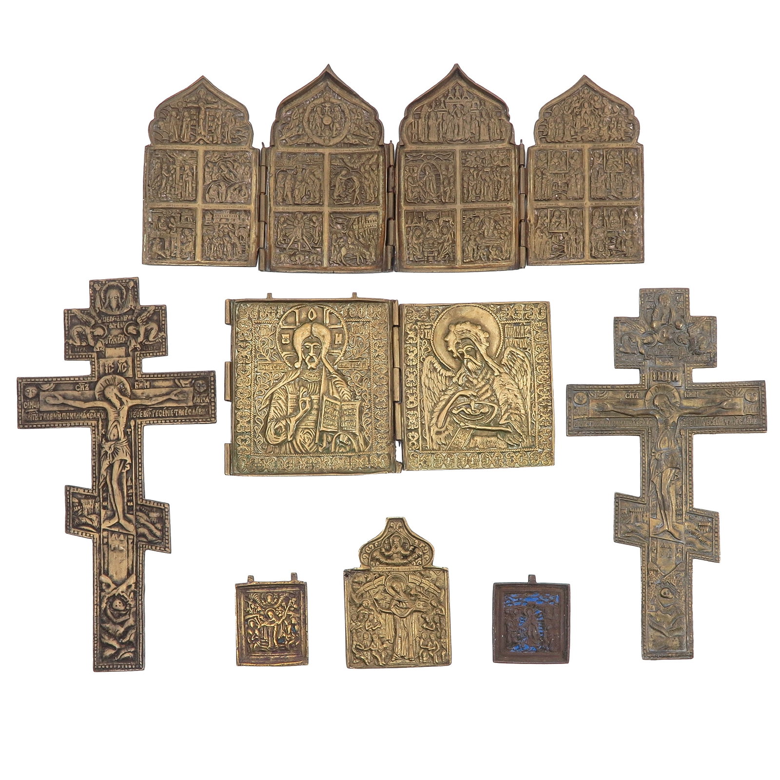 A Group of Bronze Travelling Icons: consisting of a collection of Russian bronze travelling icons, largest 35 x 15 cm.