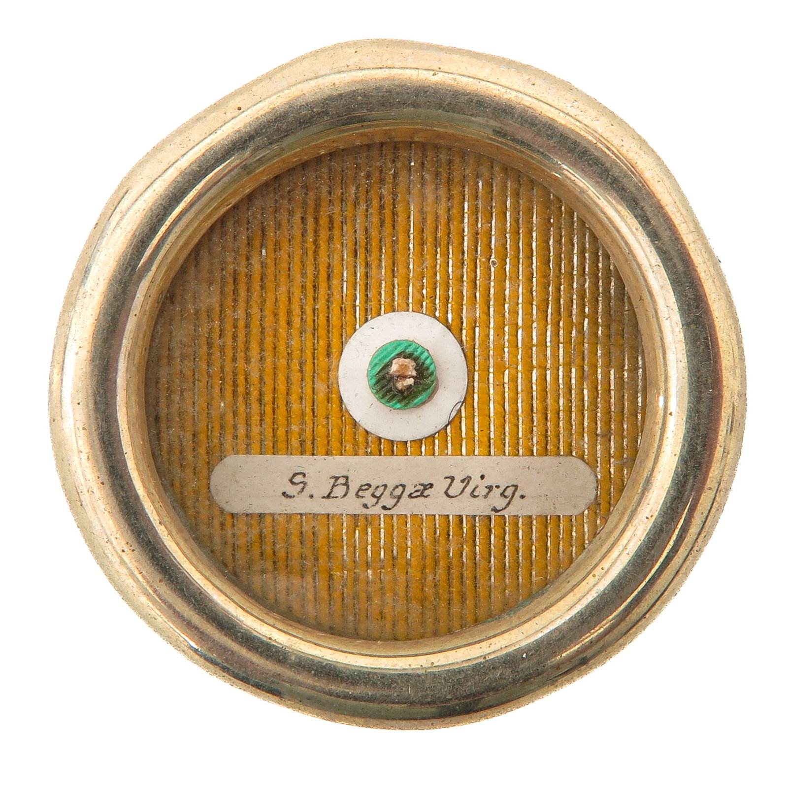 A Sealed Theca: containing relic of Saint Begga (ca. 615-693), virgin, patron saint of the Beguines, you are purchasing the theca, the relic is a gift, diameter 4 cm.