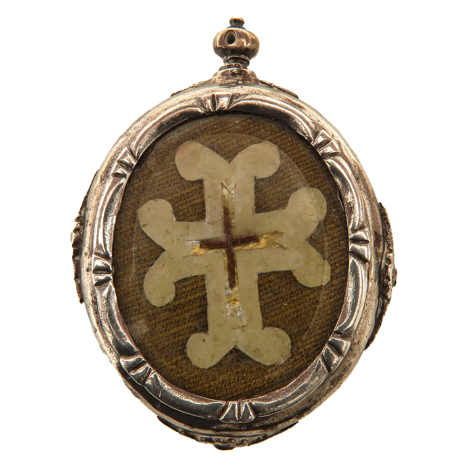 A Sealed Theca: 18th century, silver, with relic of the Holy Cross, the front with cross-shaped reliquary and the reverse painted with a depiction of the Virgin and Child, you are purchasing the theca, the relic is a