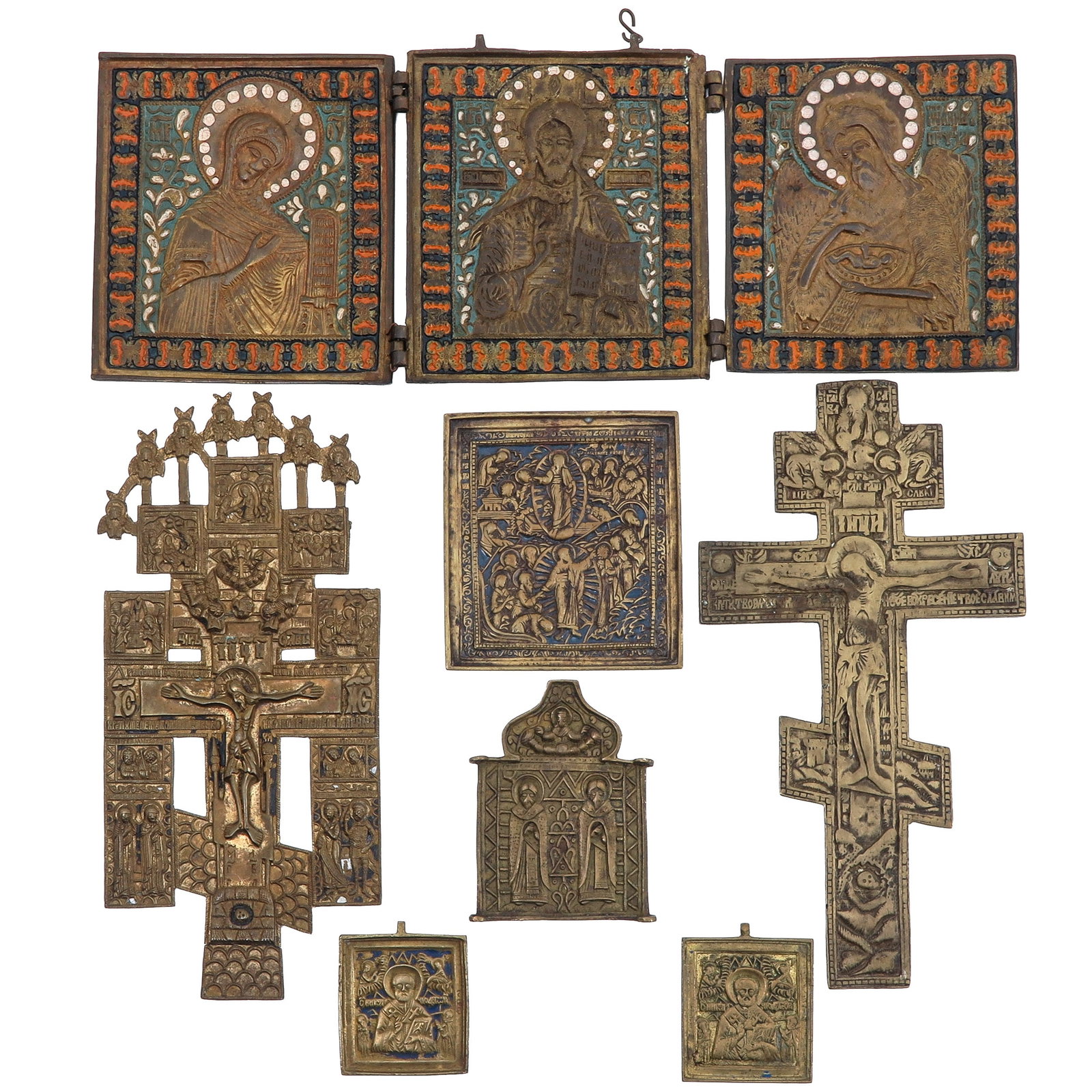 A Group of Bronze Travelling Icons: consisting of a collection of Russian bronze travelling icons, partly enamelled, largest 39 x 14 cm.