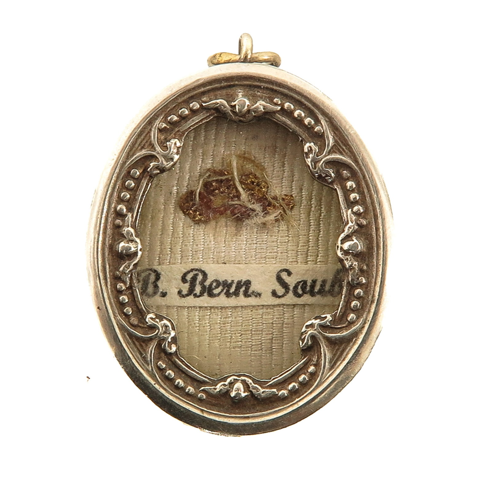 Sealed theca: silver, with relic of Blessed Bernadette Soubirous, visionary of Lourdes, to whom the Blessed Virgin Mary appeared in 1858, patron saint of the sick and venerated worldwide because of her association