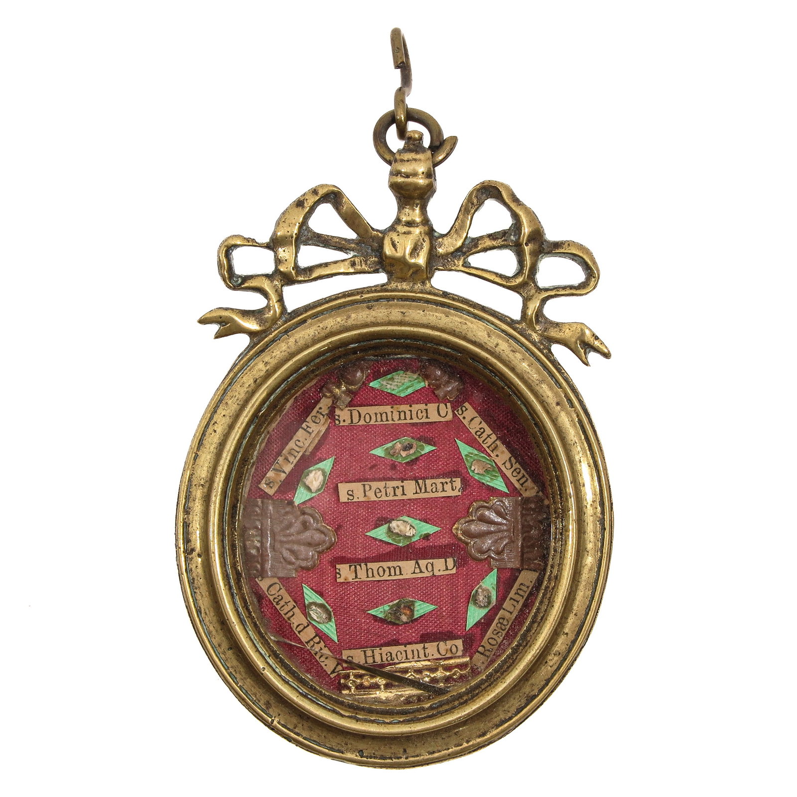 A Sealed Multi-Theca: of gilt brass, including relics of Saint Dominic Guzm?n (1170-1221), founder of the Order of Preachers; Saint Vincent Ferrer (1350-1419), Dominican preacher and missionary; Saint Peter of Verona (ca.