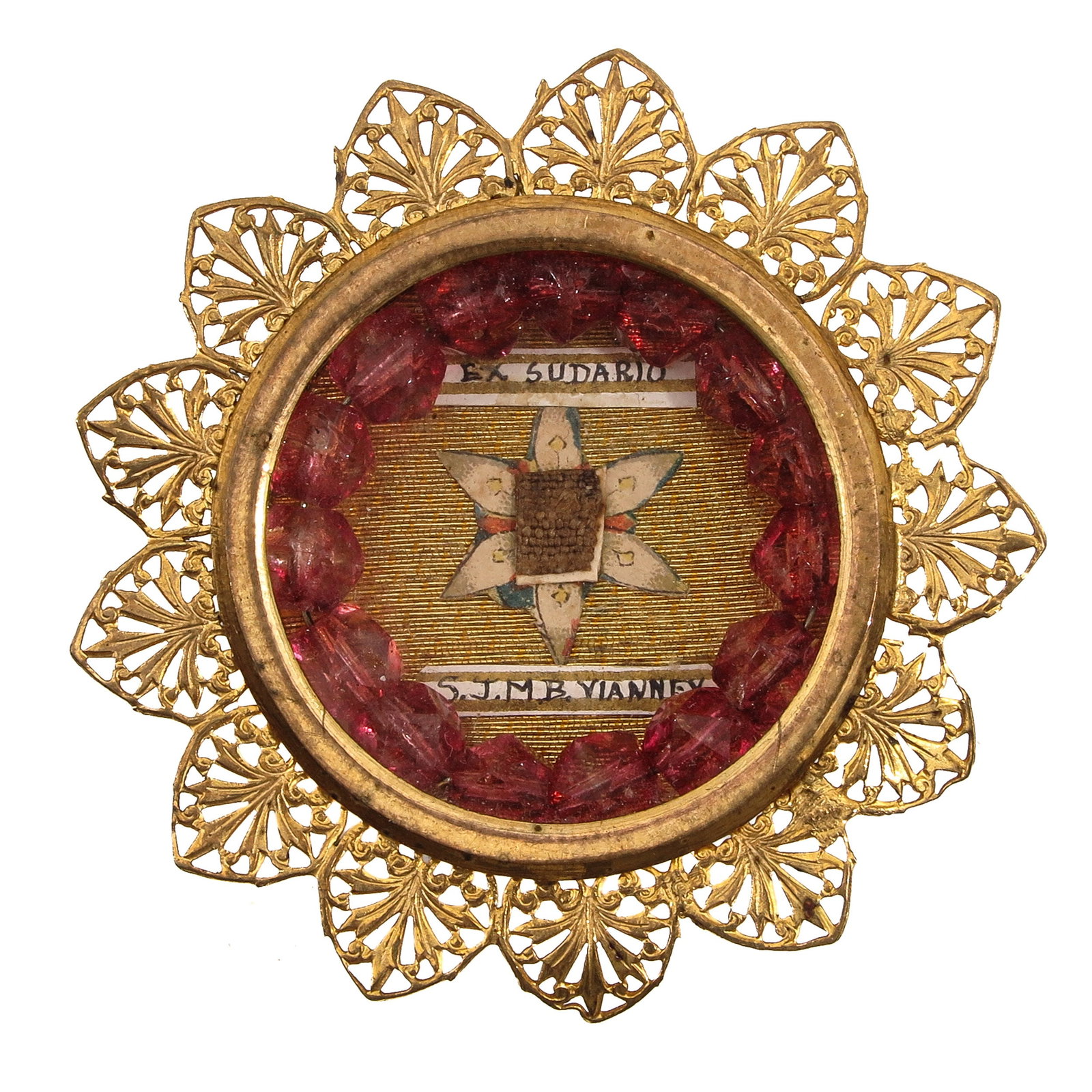 A Sealed Theca: of gilt brass, containing relic ex sudario (of a cloth that has been in contact with the saint) of Saint John Mary Baptist Vianney (1786-1859), the Holy Cur? of Ars, patron saint of parish clergy and