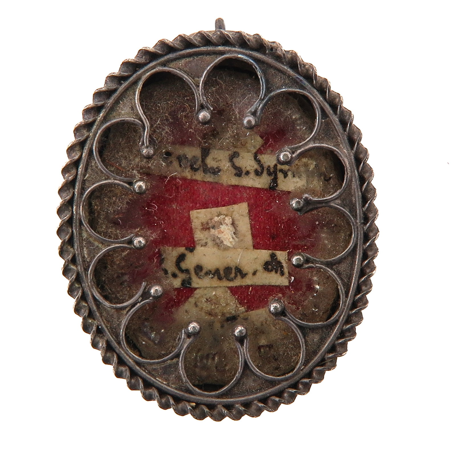A Sealed Theca: containing relics 2 relics of saints, inscriptions partly illegible, including possibly Saint Severus, you are purchasing the theca, the relics are a gift, 2 x 3 cm.
