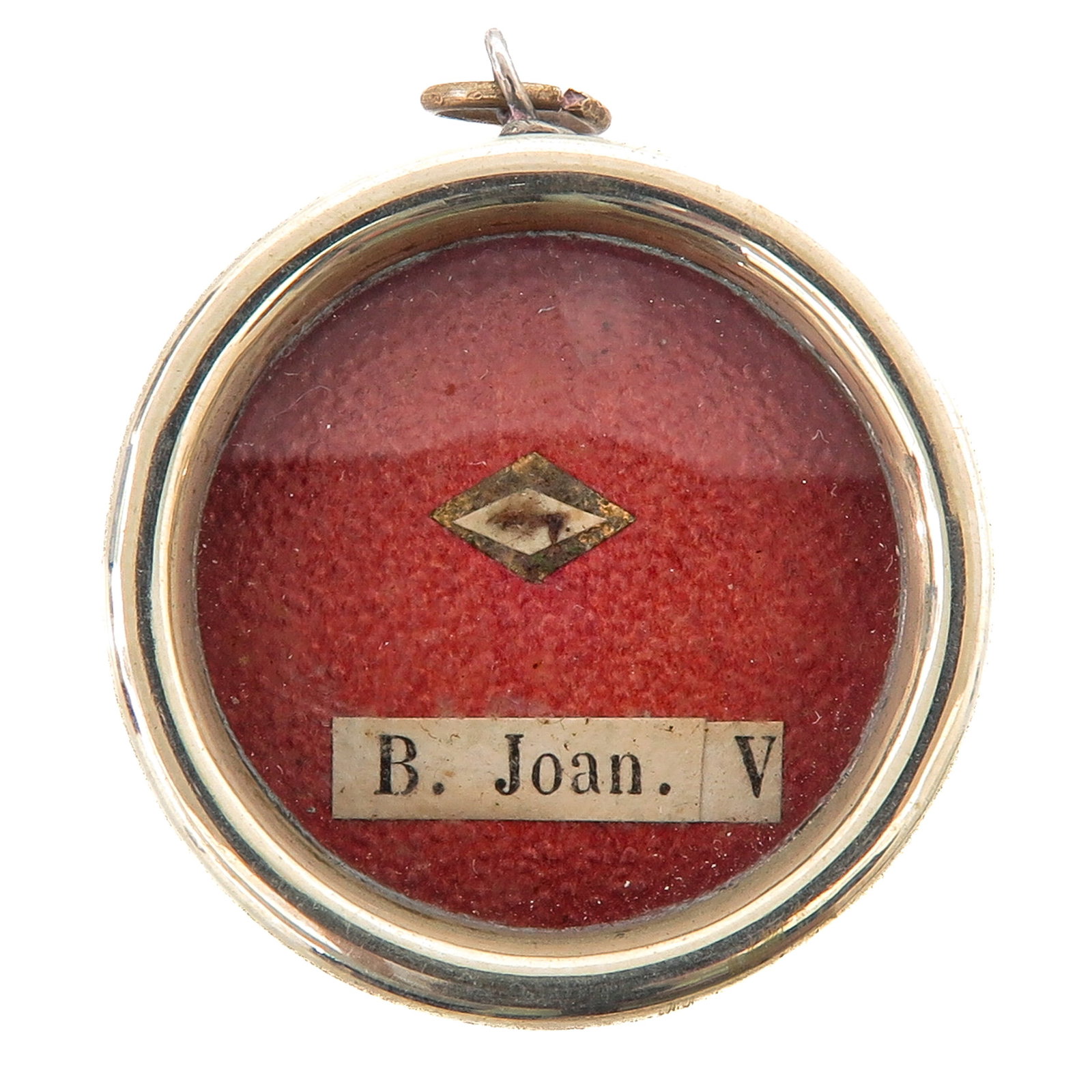 A Sealed Theca: containing relic of Blessed Joannes (B. Joan. V.), you are purchasing the theca, the relic is a gift, diameter 3 cm.