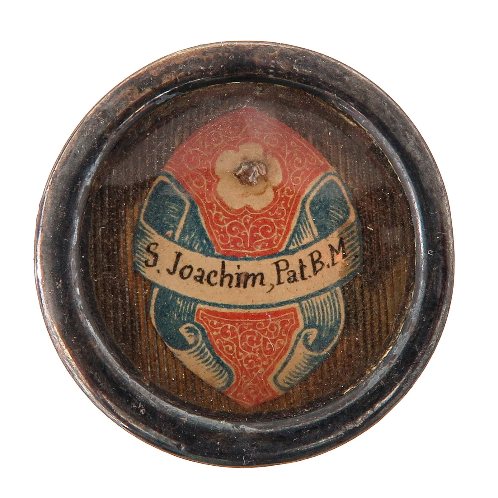 A Sealed Theca: containing relic of Saint Joachim, father of the Blessed Virgin Mary, patron of grandparents, grandfathers, married couples and parents, you are purchasing the theca, the relic is a gift, diameter 3 c