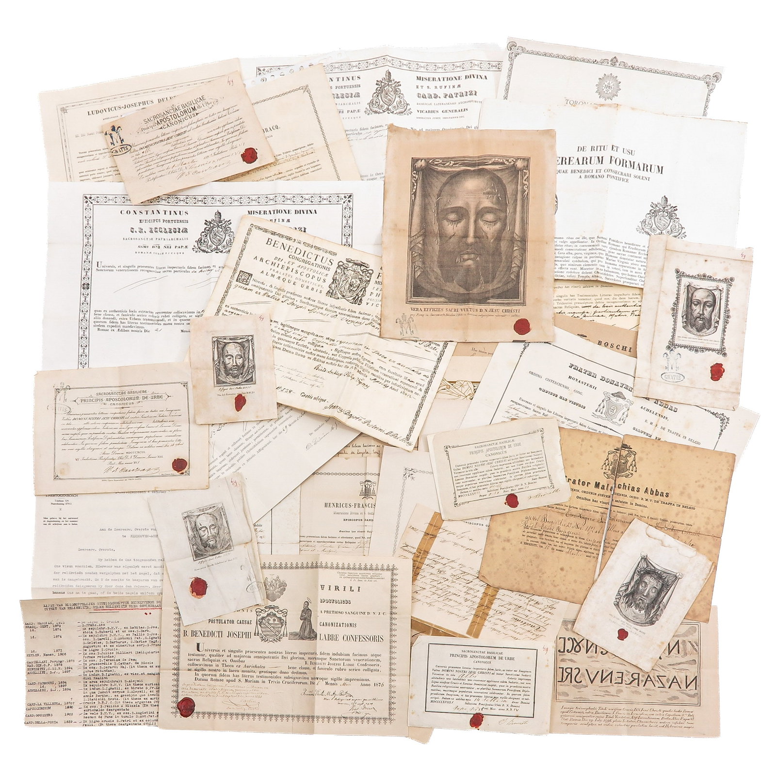 A Large Collectin of Religious Documents and Relic Certificates: consisting of a large collection of religious documents, including certificates for relics