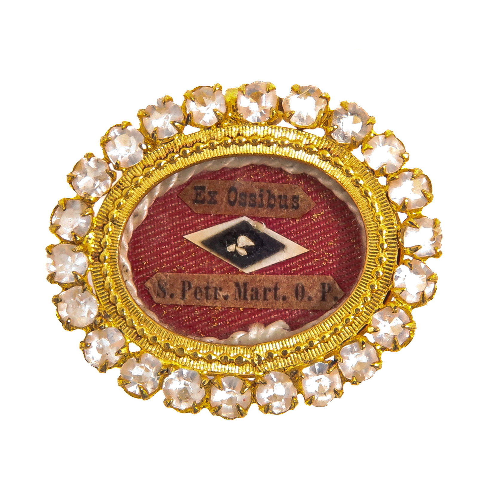 A Sealed Theca: set with faceted glass stones, containing an Ex Ossibus (of the bones) of Saint Peter the Martyr (ca. 1205-1252), Dominican, martyr and patron saint of inquisitors, midwives and headache sufferers,