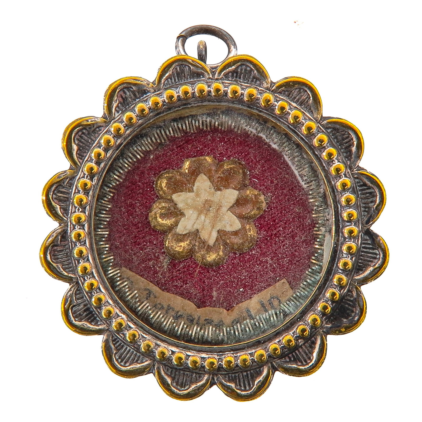 A Sealed Theca: containing relic of Saint Theresia, virgin, venerated for her deep faith and devotion to Christ, you are purchasing the theca, the relic is a gift, diameter 3 cm.