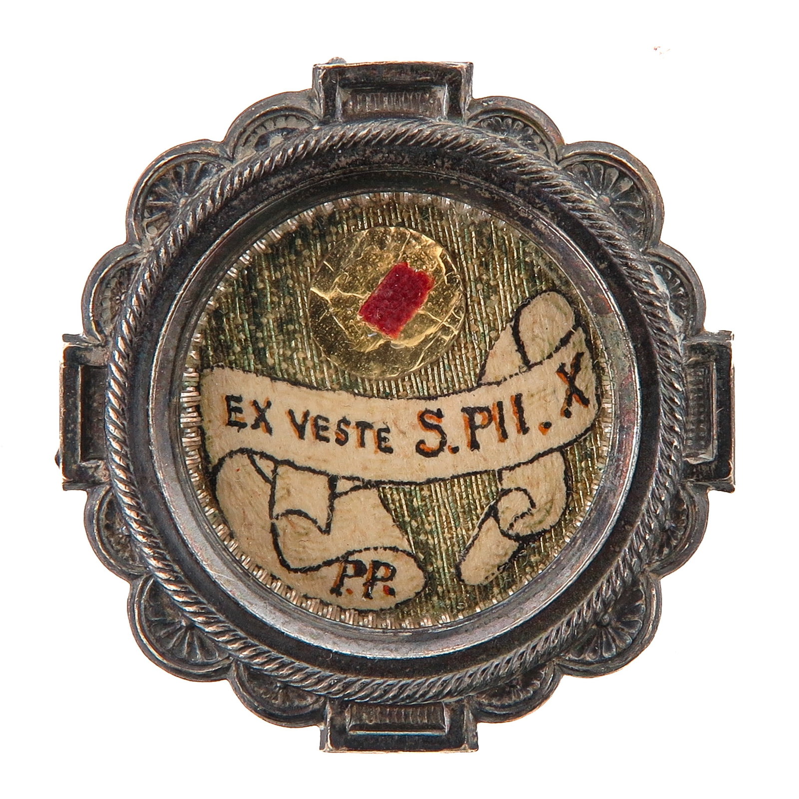 A Sealed Theca: containing relic ex veste (of a garment) of Saint Pius X (1835-1914), pope of the Roman Catholic Church from 1903-1914, known for his promotion of frequent Communion and First Communion at a young