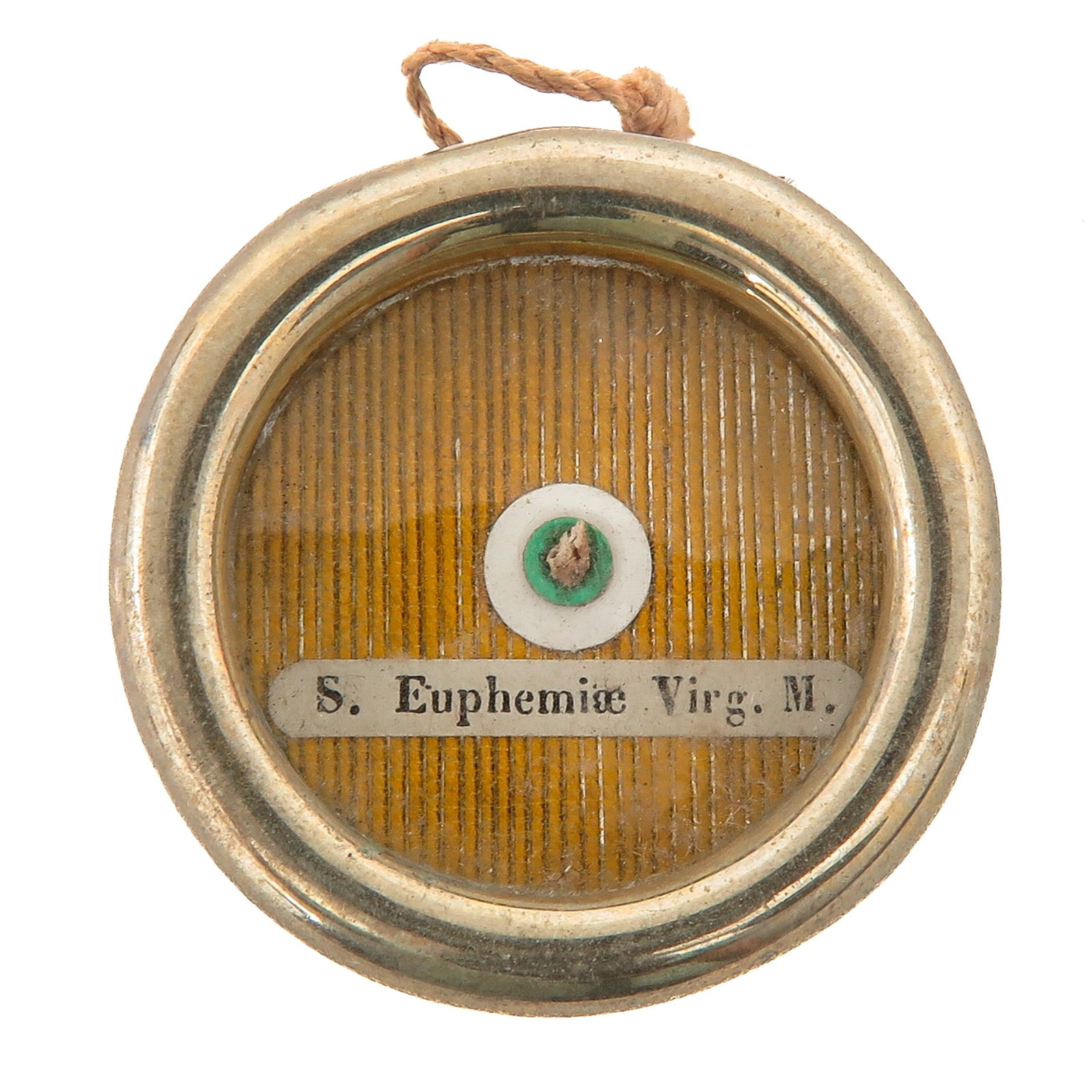 A Sealed Theca: containing relic of Saint Euphemia, virgin and martyr of Chalcedon, venerated as patron saint against illness and patron saint of Chalcedon, you are purchasing the theca, the relic is a gift, diameter