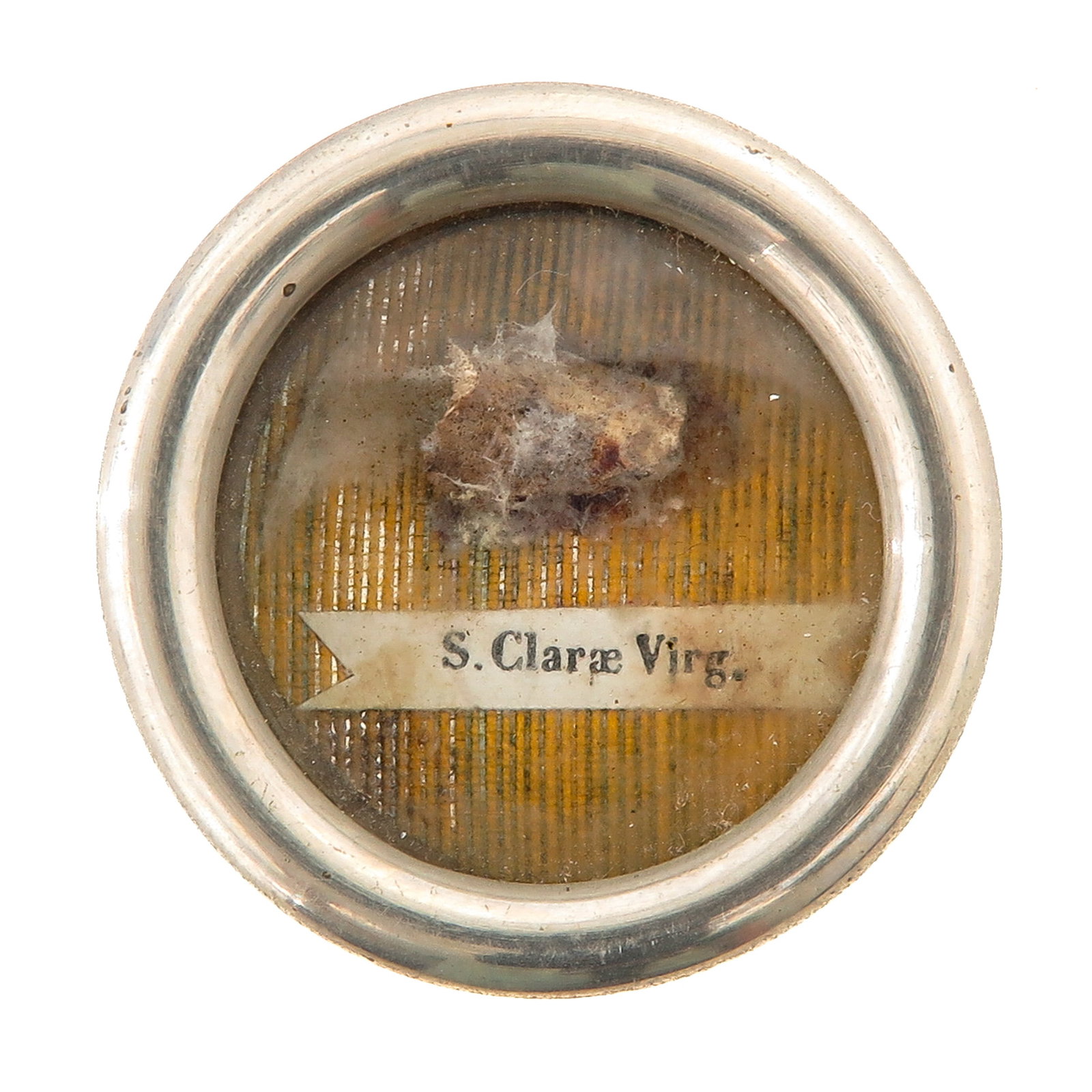 A Sealed Theca: with relic of Saint Clare of Assisi, virgin, foundress of the Order of Poor Clares and patron saint of television, telecommunications, embroiderers, laundries and good weather, you are purchasing the