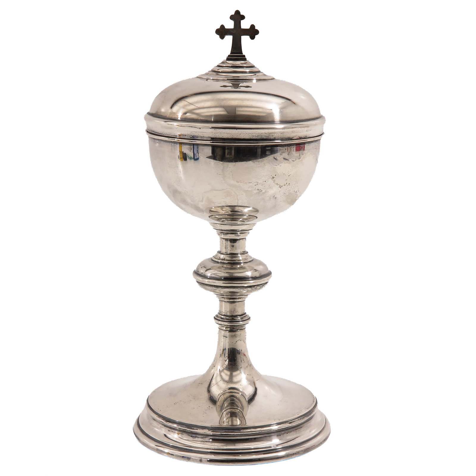 A Ciborium: hallmarked 800/1000, date letter D (1938), with plain cuppa, lid surmounted by a cross, round foot, height 27 cm.