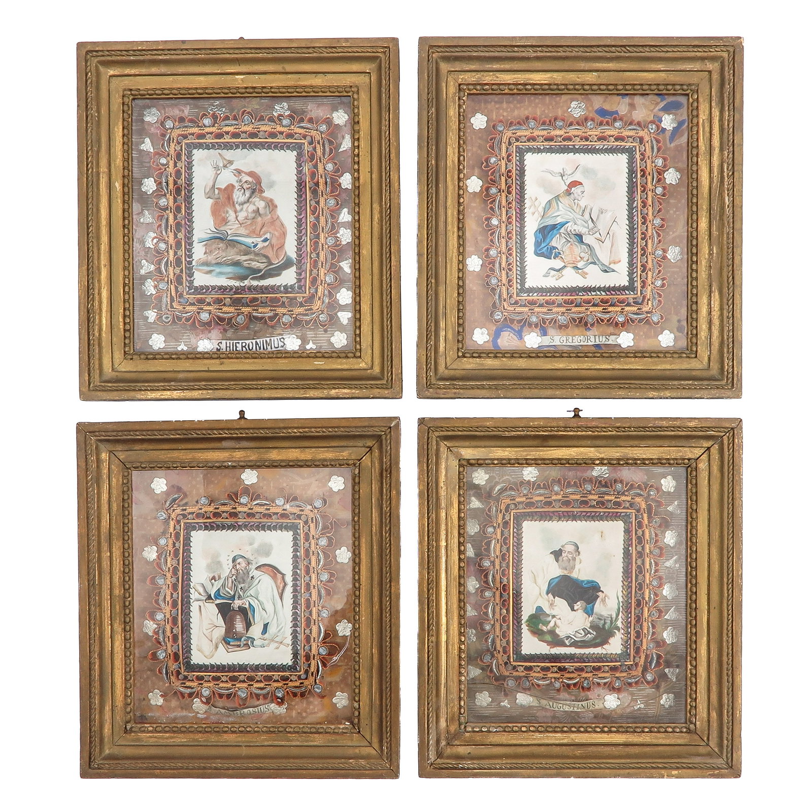 A Group of Framed Convent Works: consisting of 4 framed convent works, each with a painted depiction of a saint, depicting Saint Augustine, Saint Gregory, Saint Jerome and Saint Ambrose, 27 x 31 cm.