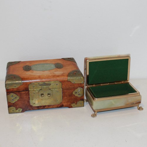 Lot of 2 Decorative Boxes: 1 wooden with brass accents; 1 onyx